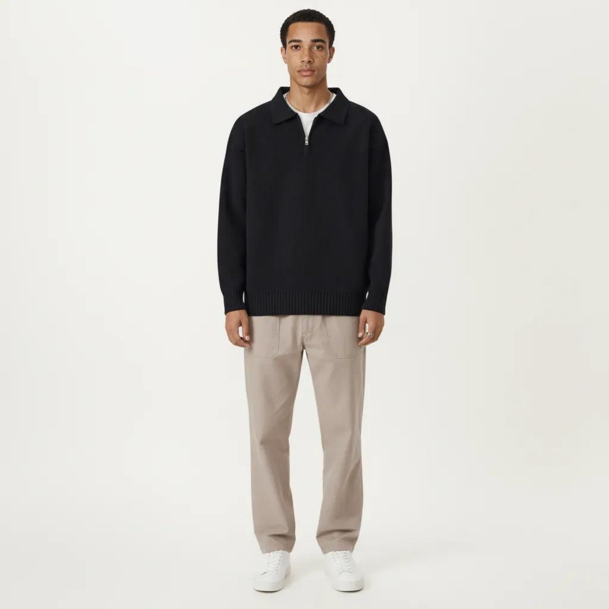 Anna-Kaci Men's Long Sleeve Collared Quarter Zip Knit Pullover Sweater with Ribbed Trim and Relaxed Fit