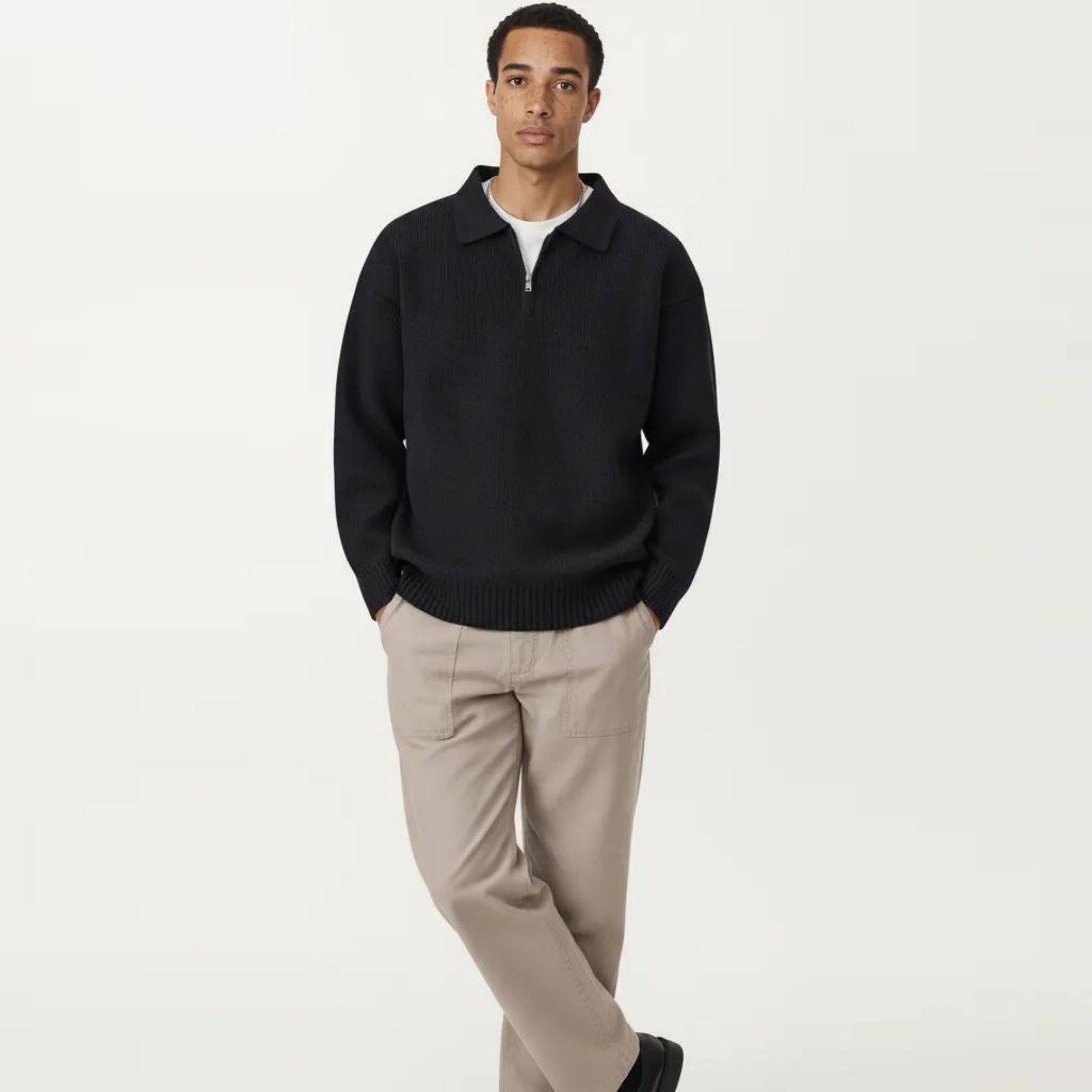 Anna-Kaci Men's Long Sleeve Collared Quarter Zip Knit Pullover Sweater with Ribbed Trim and Relaxed Fit