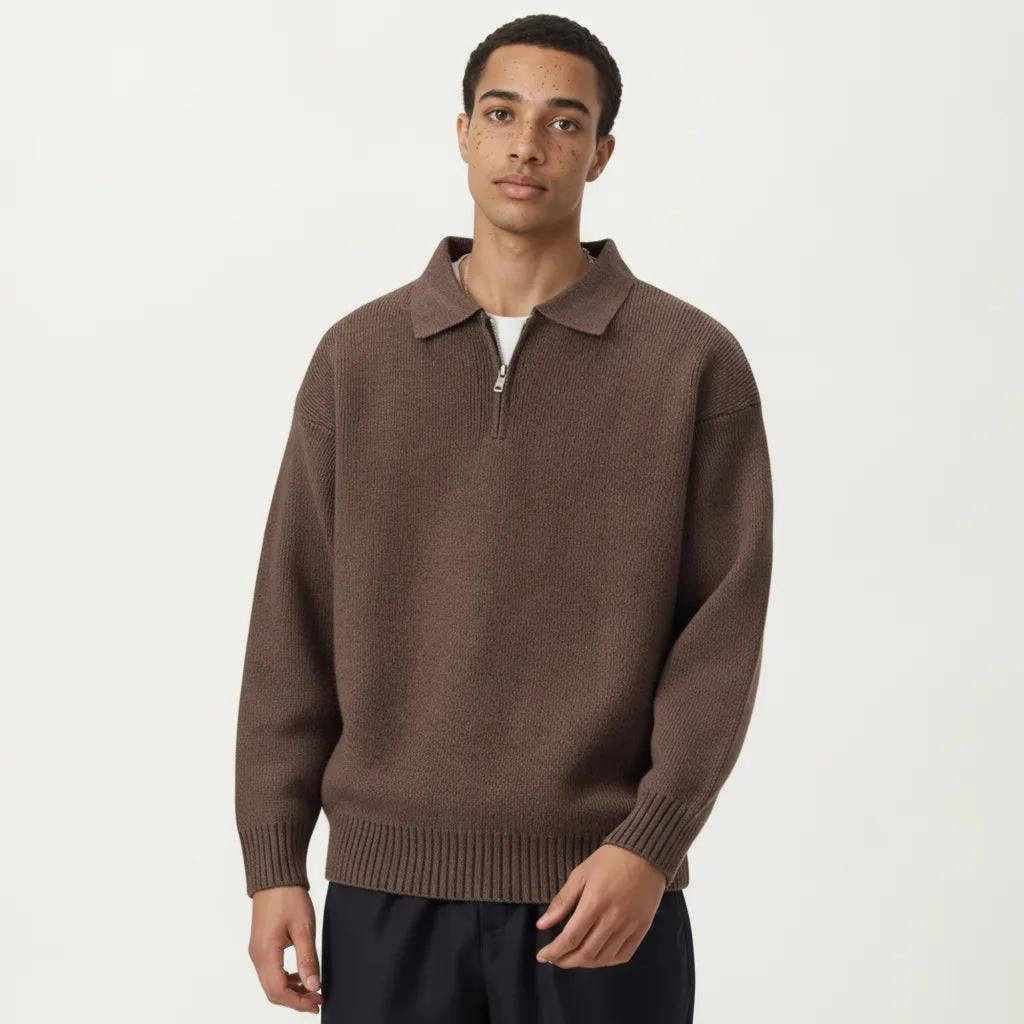 Anna-Kaci Men's Long Sleeve Collared Quarter Zip Knit Pullover Sweater with Ribbed Trim and Relaxed Fit