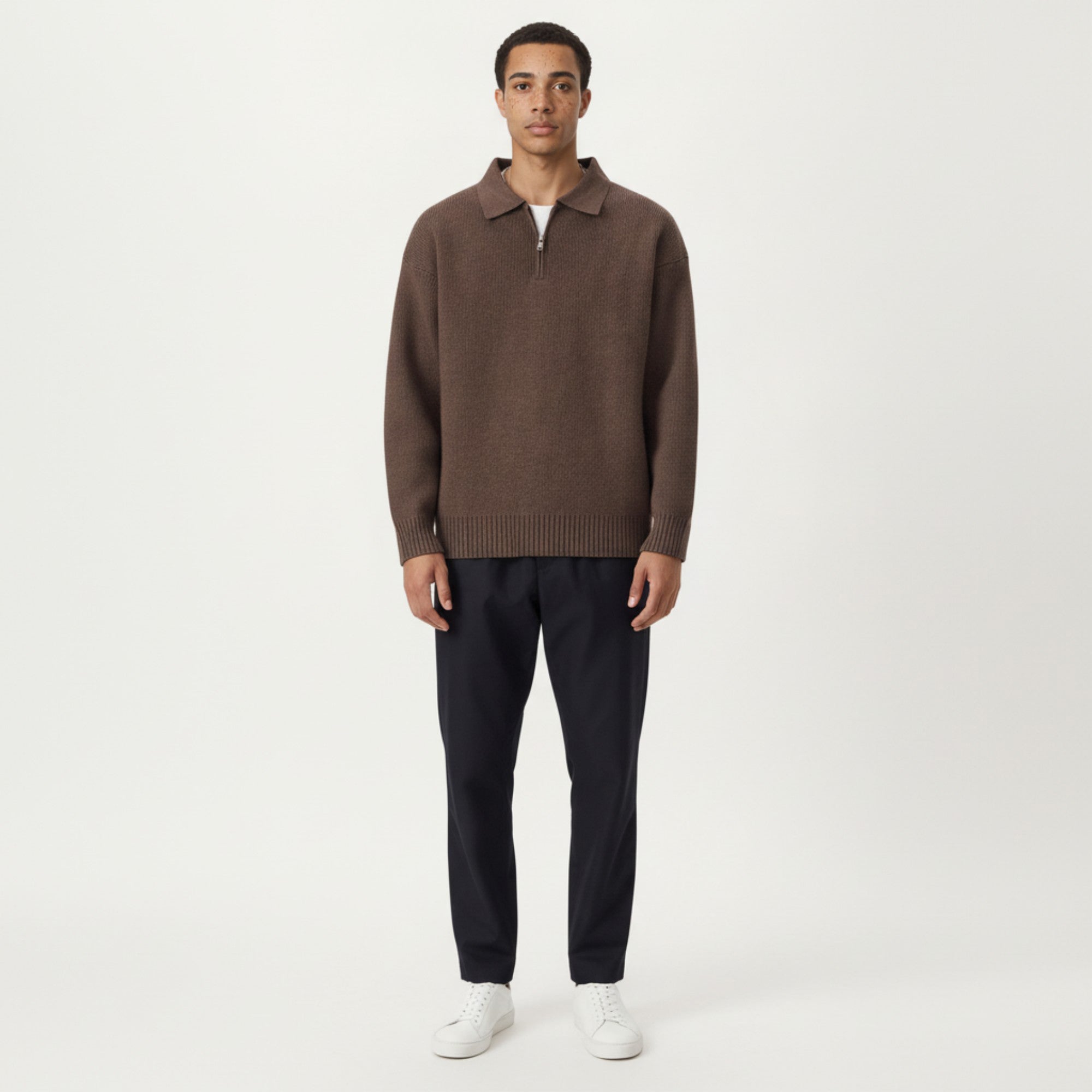 Anna-Kaci Men's Long Sleeve Collared Quarter Zip Knit Pullover Sweater with Ribbed Trim and Relaxed Fit