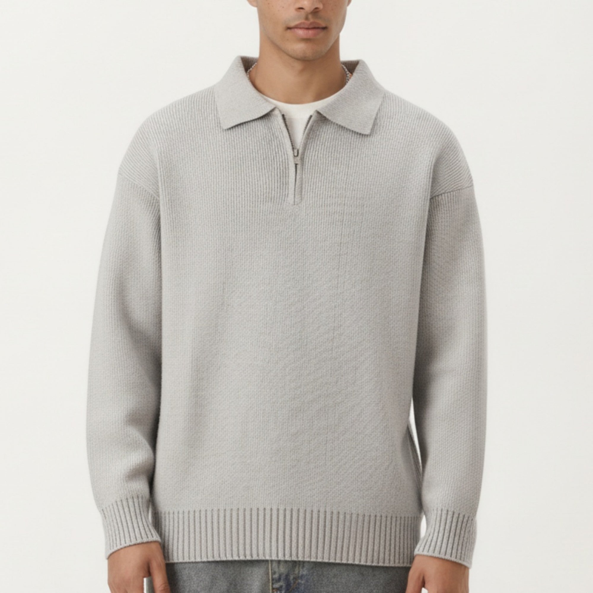 Anna-Kaci Men's Long Sleeve Collared Quarter Zip Knit Pullover Sweater with Ribbed Trim and Relaxed Fit
