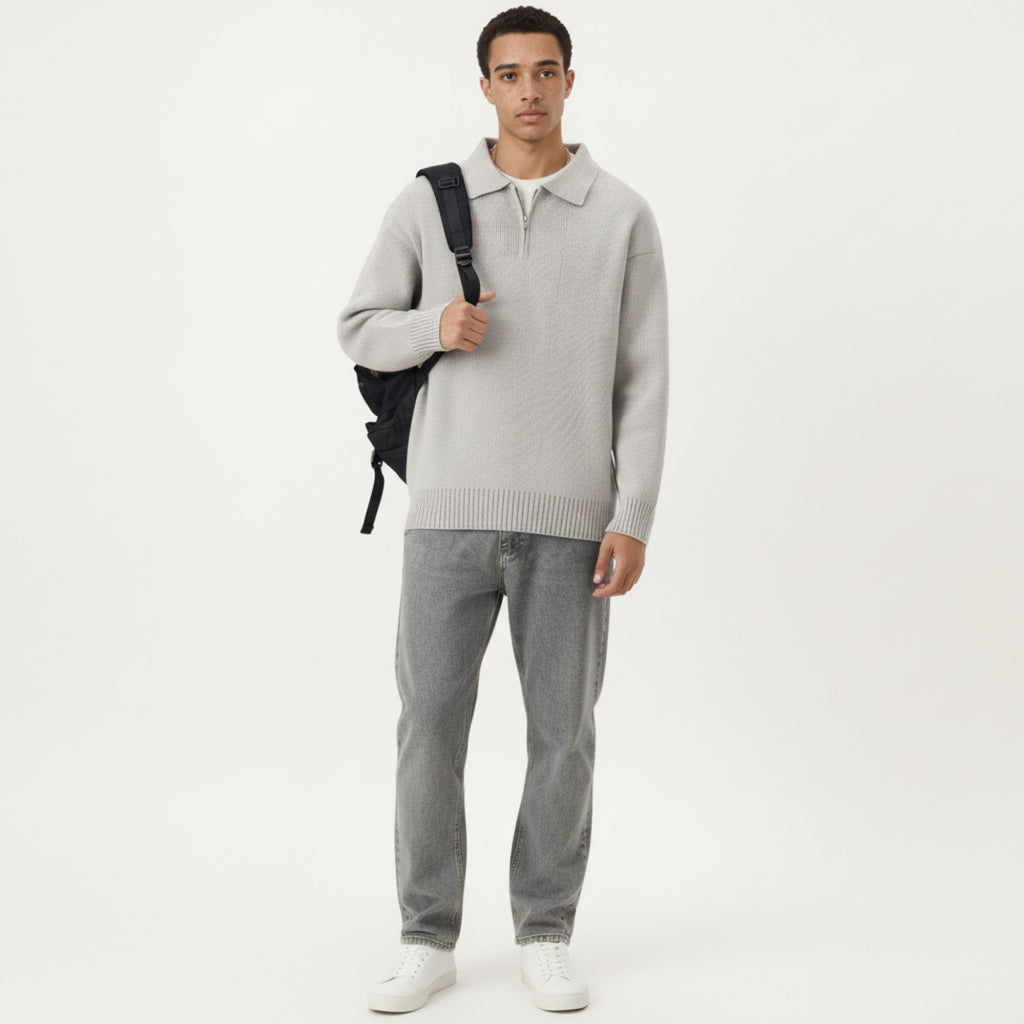 Anna-Kaci Men's Long Sleeve Collared Quarter Zip Knit Pullover Sweater with Ribbed Trim and Relaxed Fit