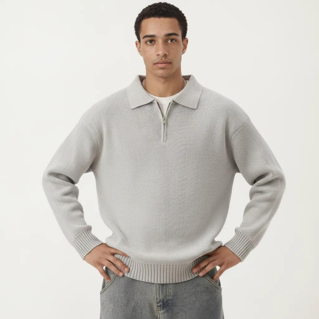 Anna-Kaci Men's Long Sleeve Collared Quarter Zip Knit Pullover Sweater with Ribbed Trim and Relaxed Fit