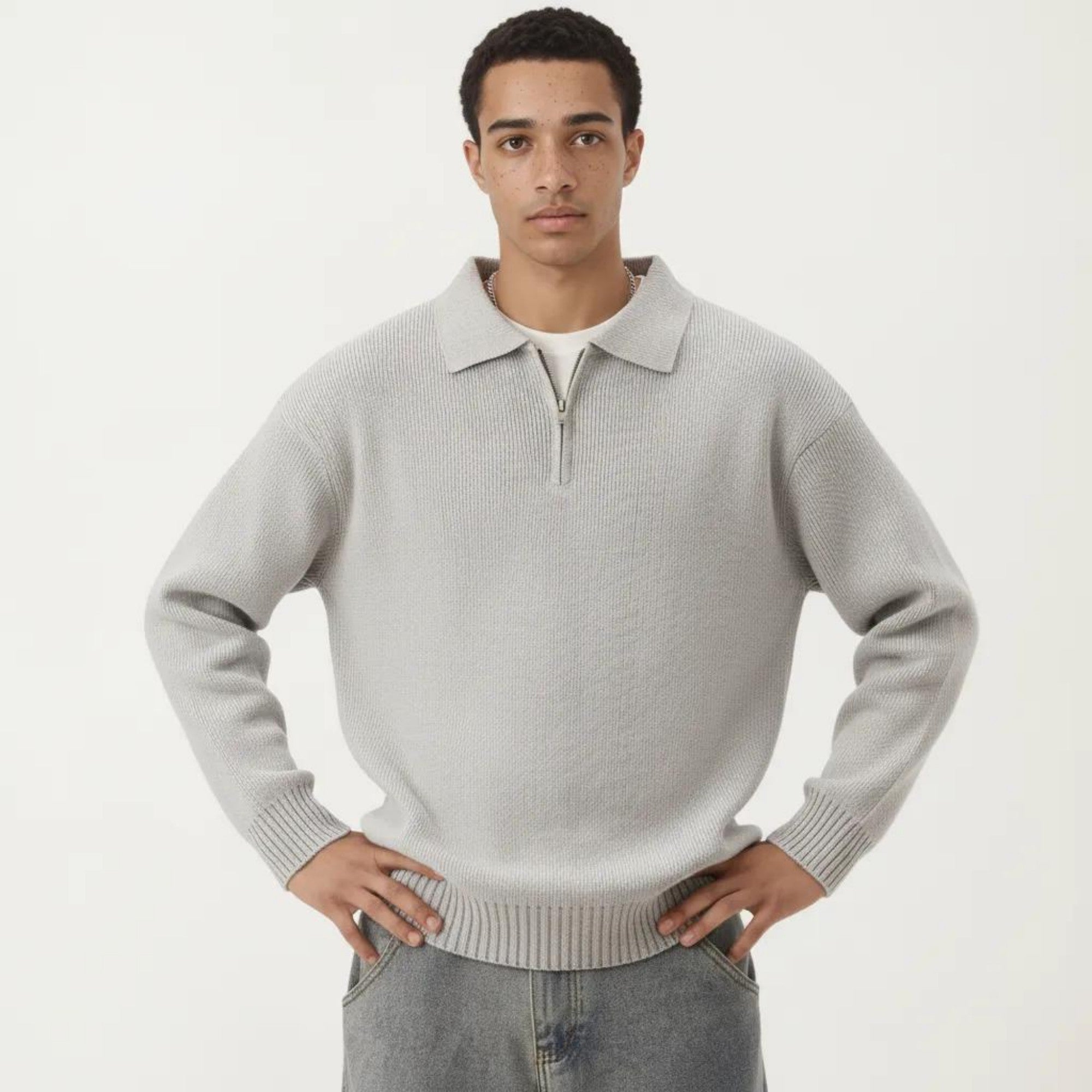 Anna-Kaci Men's Long Sleeve Collared Quarter Zip Knit Pullover Sweater with Ribbed Trim and Relaxed Fit