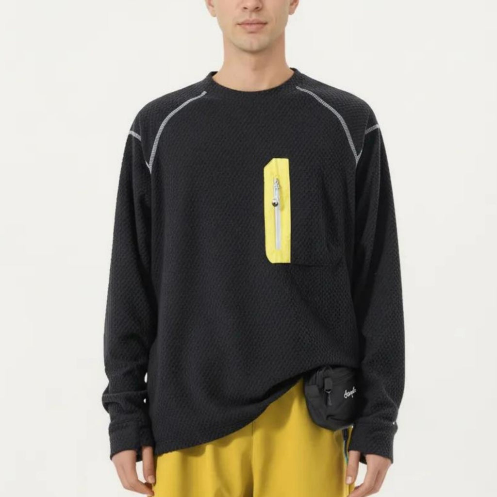 Anna-Kaci Active Men's Long Sleeve Crew Neck Pullover Top with Textured Knit Fabric and Zipper Chest Pocket
