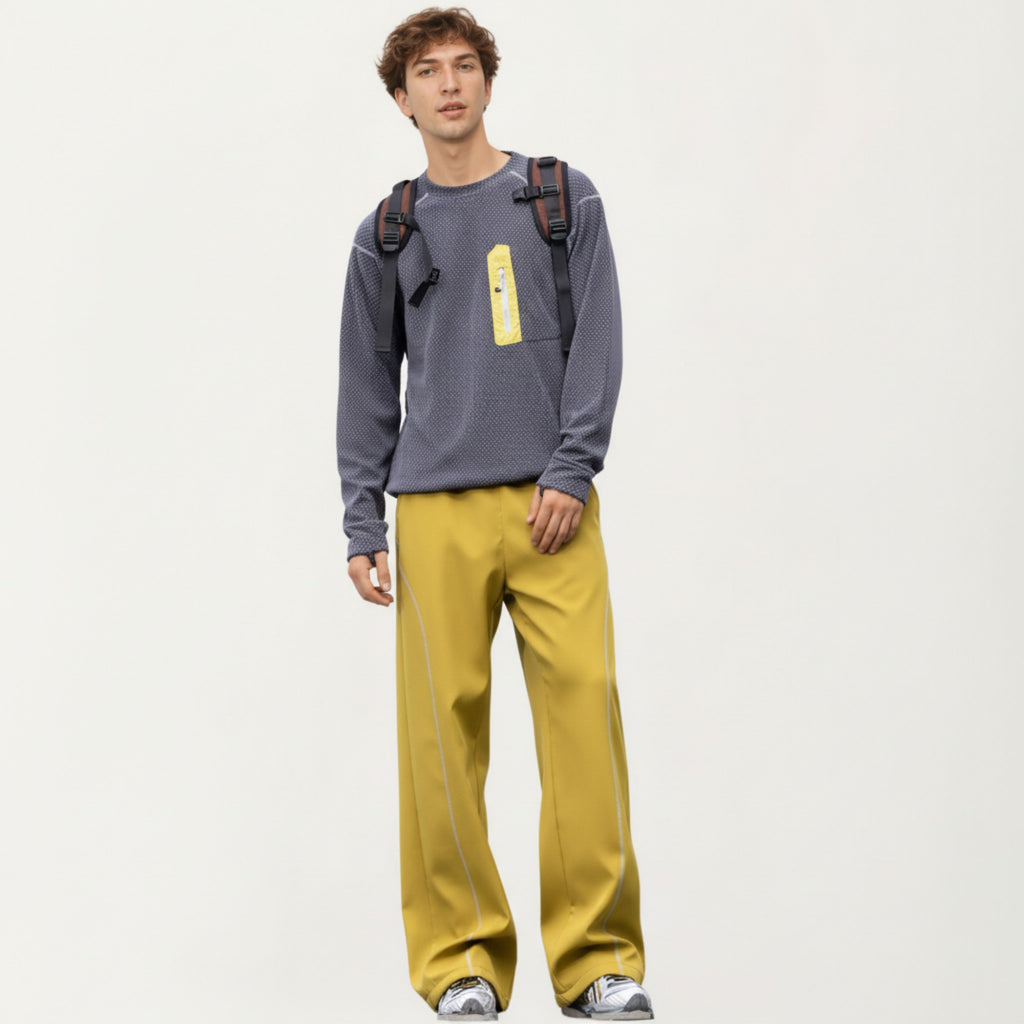 Anna-Kaci Active Men's Long Sleeve Crew Neck Pullover Top with Textured Knit Fabric and Zipper Chest Pocket