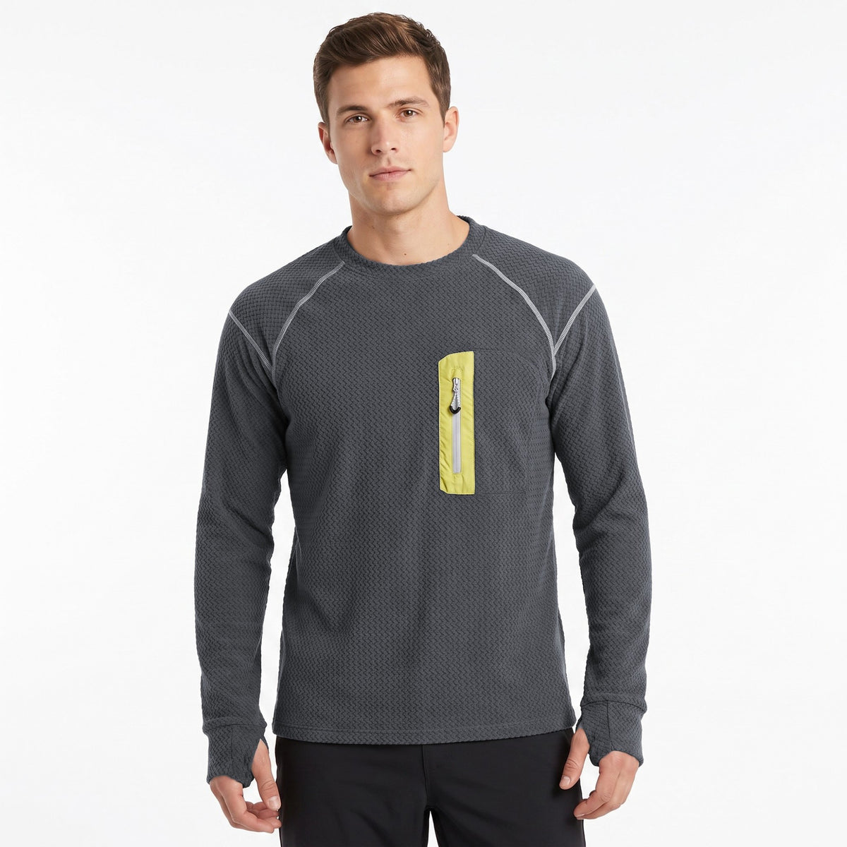 Men's Long Sleeve Crew Neck Pullover Top with Textured Knit Fabric and Zipper Chest Pocket