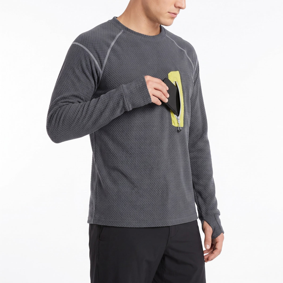 Men's Long Sleeve Crew Neck Pullover Top with Textured Knit Fabric and Zipper Chest Pocket