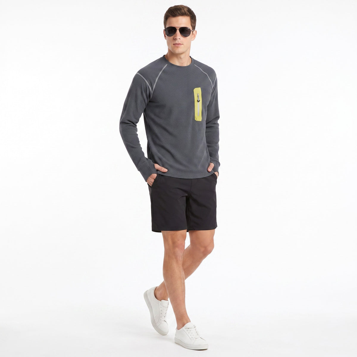 Men's Long Sleeve Crew Neck Pullover Top with Textured Knit Fabric and Zipper Chest Pocket