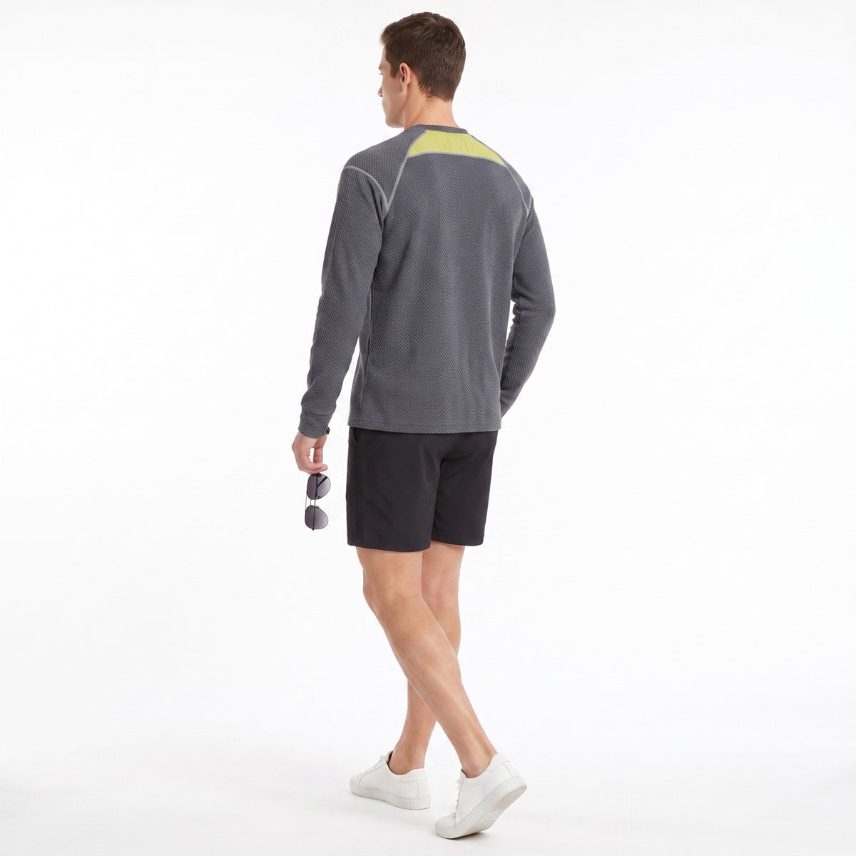 Men's Long Sleeve Crew Neck Pullover Top with Textured Knit Fabric and Zipper Chest Pocket