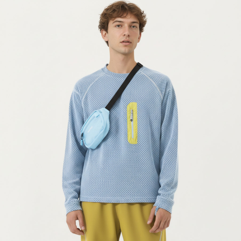 Anna-Kaci Active Men's Long Sleeve Crew Neck Pullover Top with Textured Knit Fabric and Zipper Chest Pocket