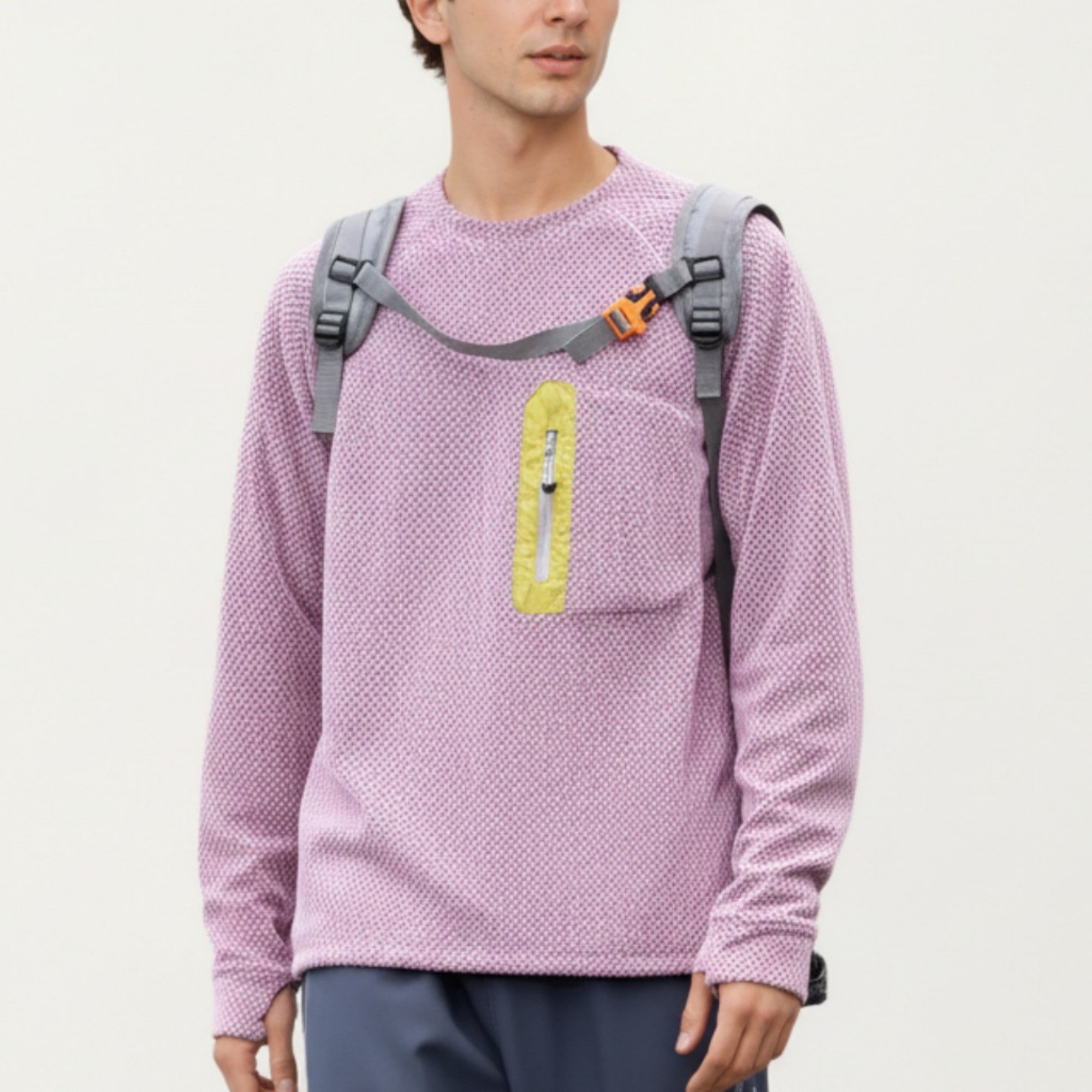 Anna-Kaci Active Men's Long Sleeve Crew Neck Pullover Top with Textured Knit Fabric and Zipper Chest Pocket