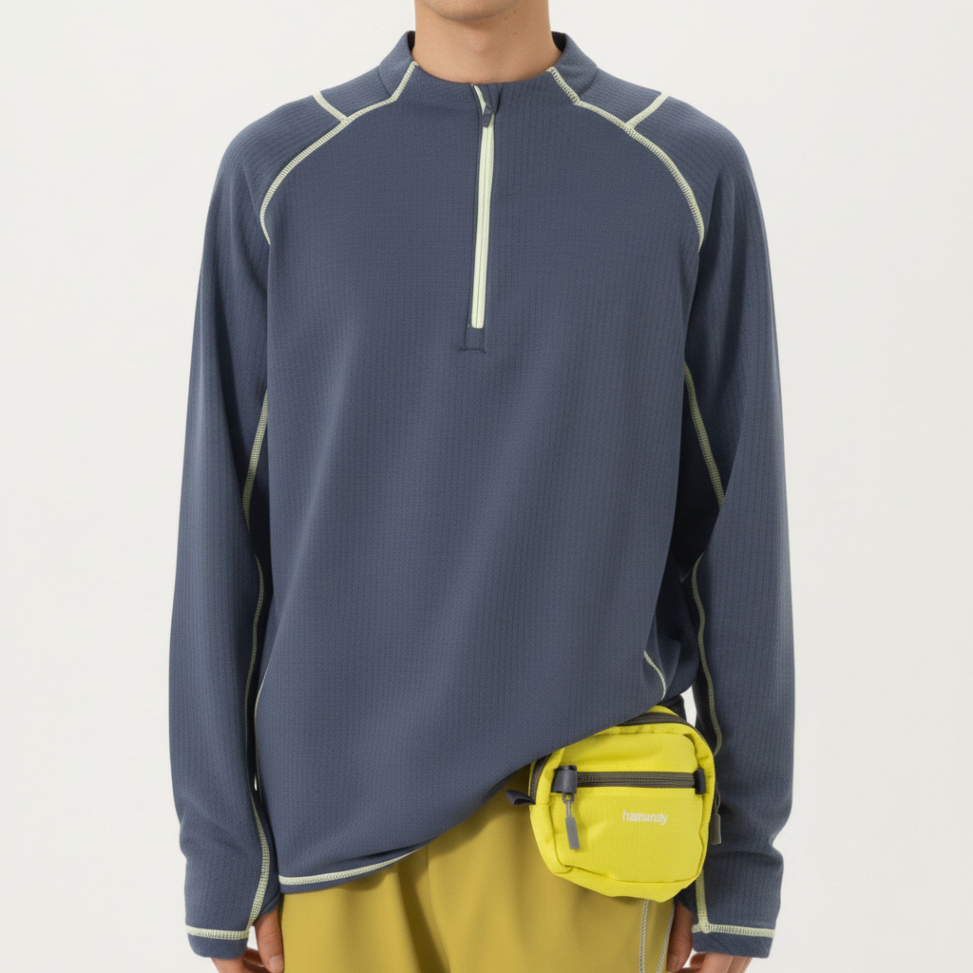 Anna-Kaci Active Men's Long Sleeve Half Zip Pullover Top with Textured Knit Fabric and Contrast Seam Detailing