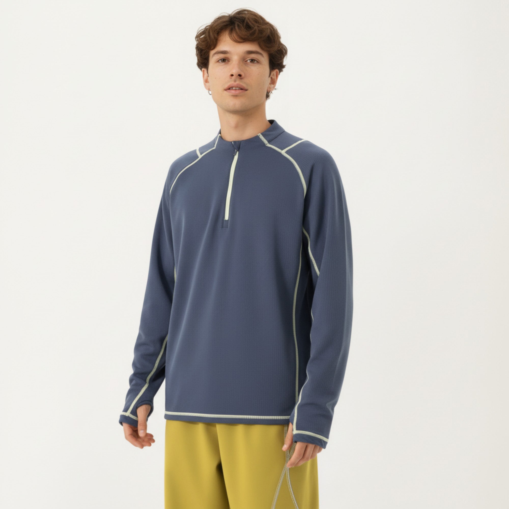Anna-Kaci Active Men's Long Sleeve Half Zip Pullover Top with Textured Knit Fabric and Contrast Seam Detailing