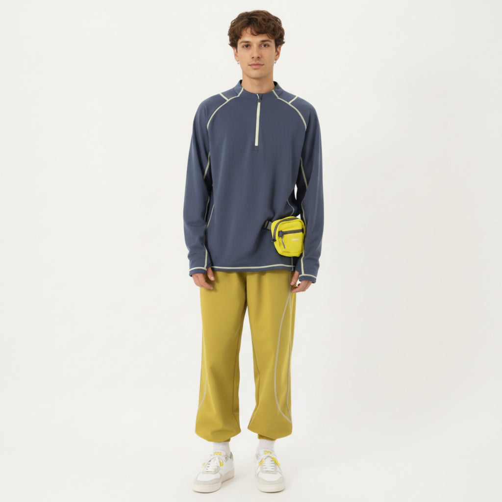 Anna-Kaci Active Men's Long Sleeve Half Zip Pullover Top with Textured Knit Fabric and Contrast Seam Detailing