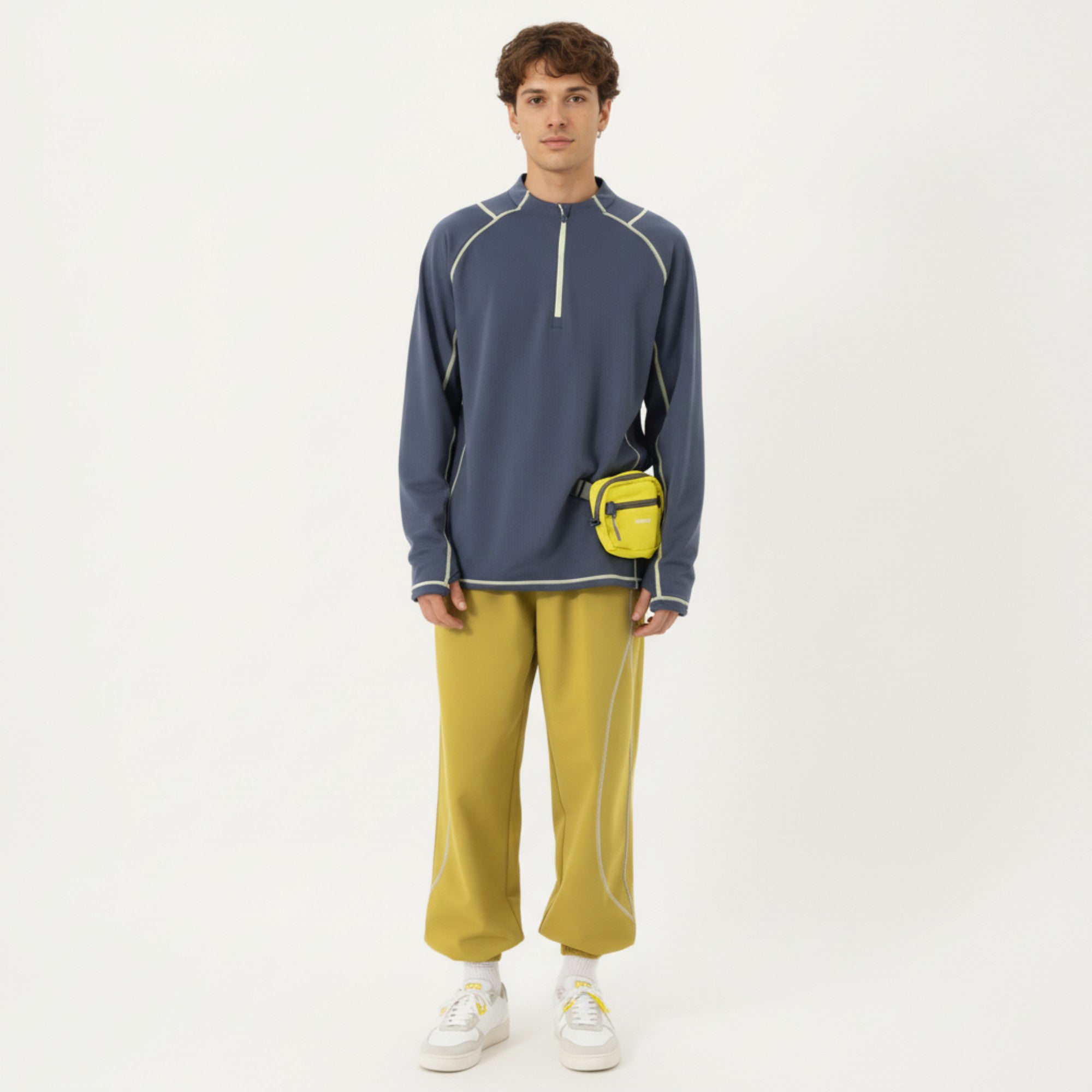 Anna-Kaci Active Men's Long Sleeve Half Zip Pullover Top with Textured Knit Fabric and Contrast Seam Detailing