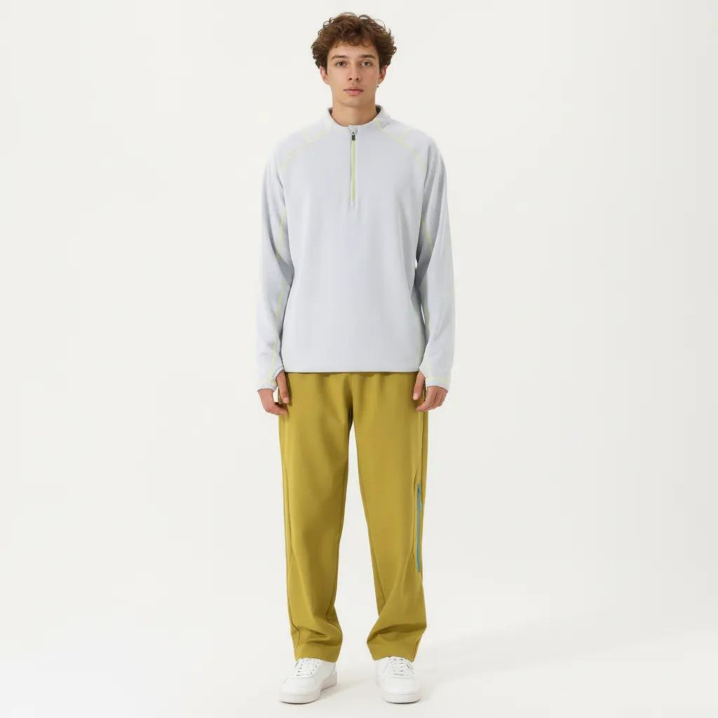 Anna-Kaci Active Men's Long Sleeve Half Zip Pullover Top with Textured Knit Fabric and Contrast Seam Detailing