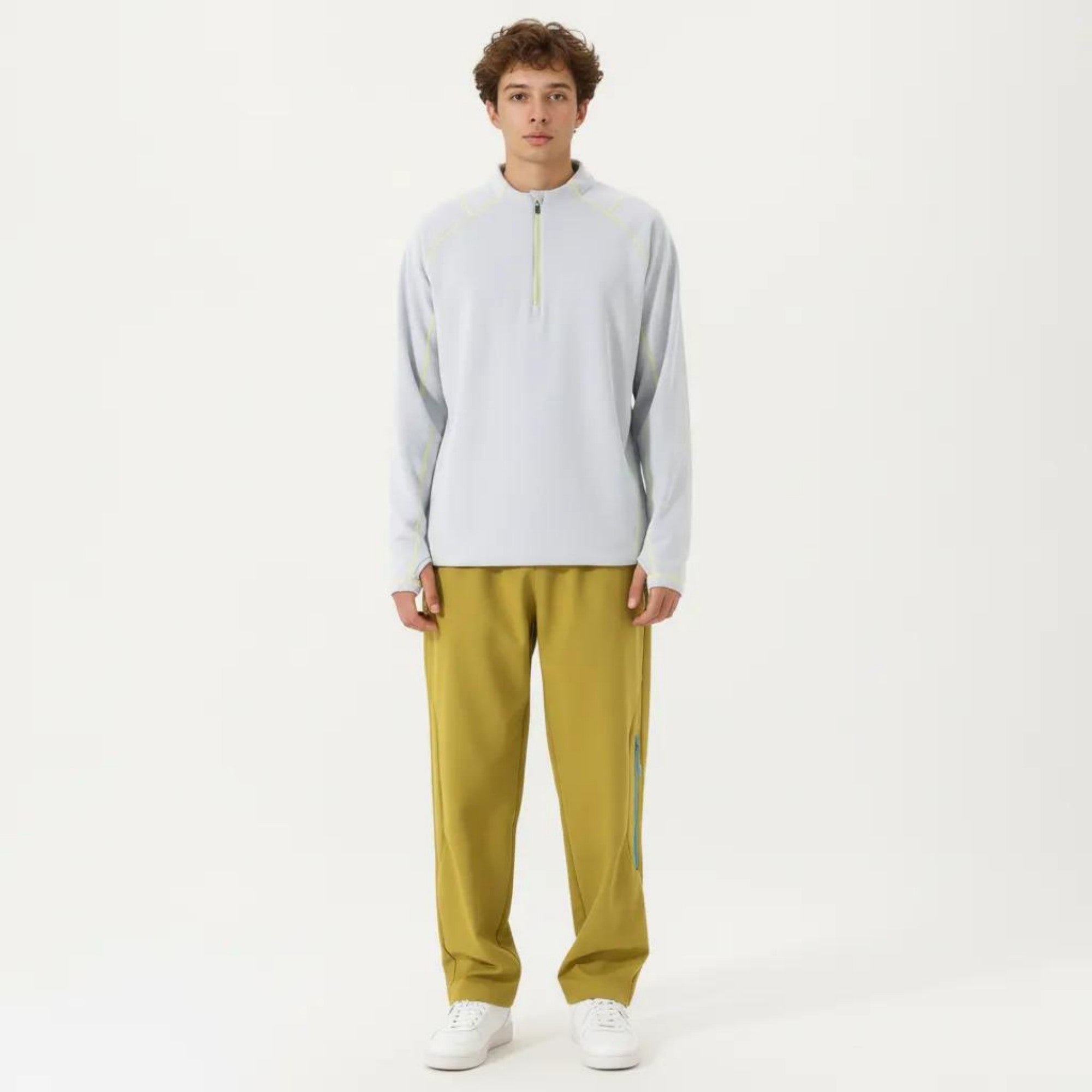 Anna-Kaci Active Men's Long Sleeve Half Zip Pullover Top with Textured Knit Fabric and Contrast Seam Detailing