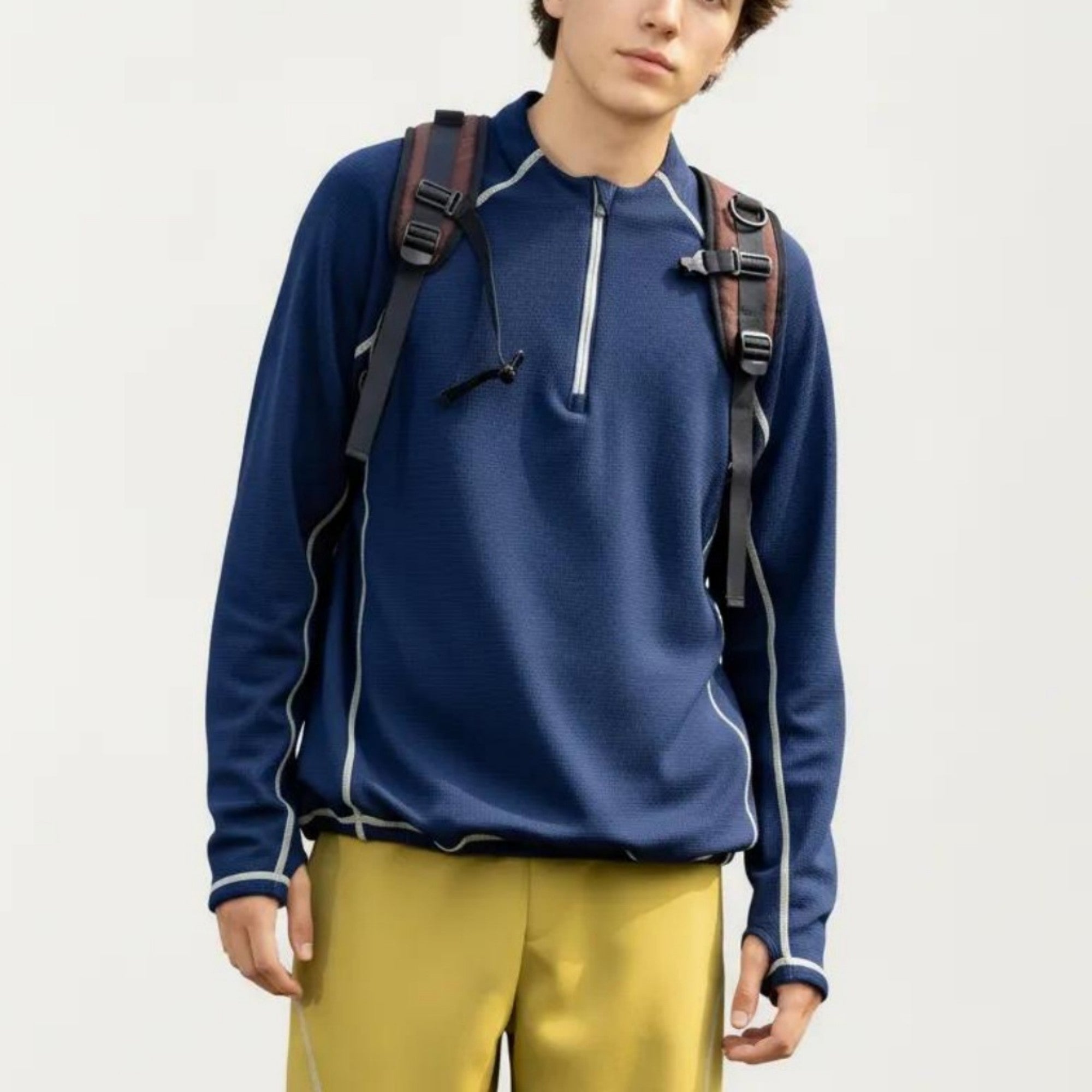 Anna-Kaci Active Men's Long Sleeve Half Zip Pullover Top with Textured Knit Fabric and Contrast Seam Detailing