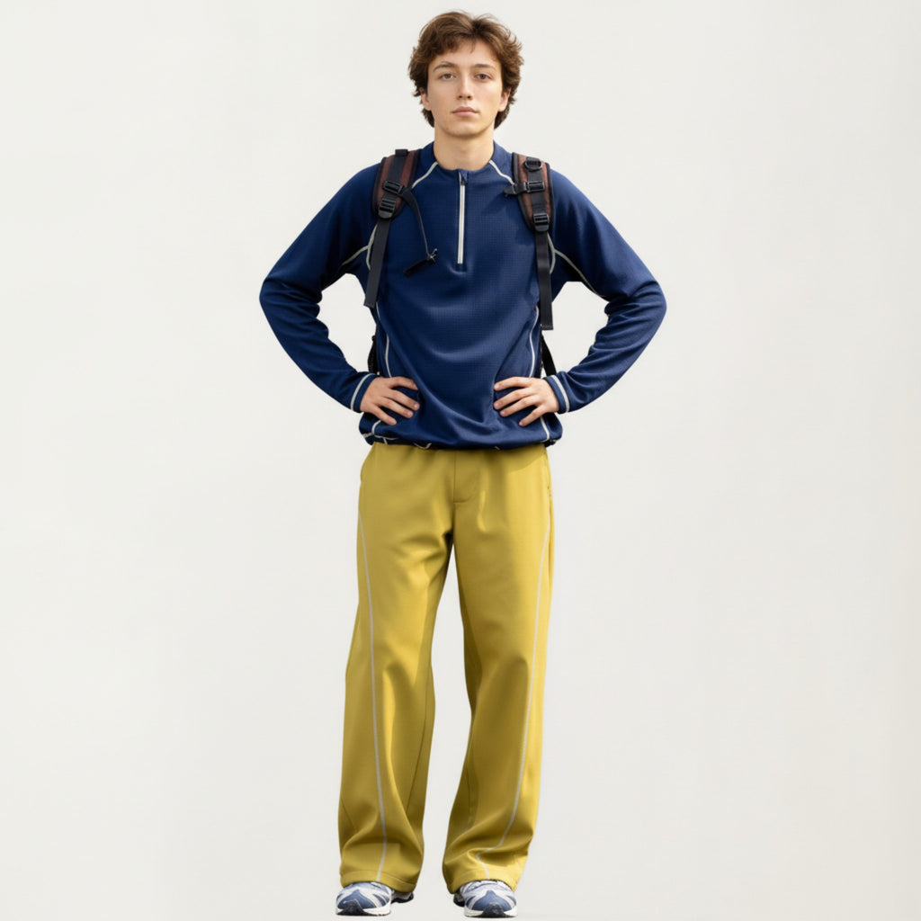 Anna-Kaci Active Men's Long Sleeve Half Zip Pullover Top with Textured Knit Fabric and Contrast Seam Detailing