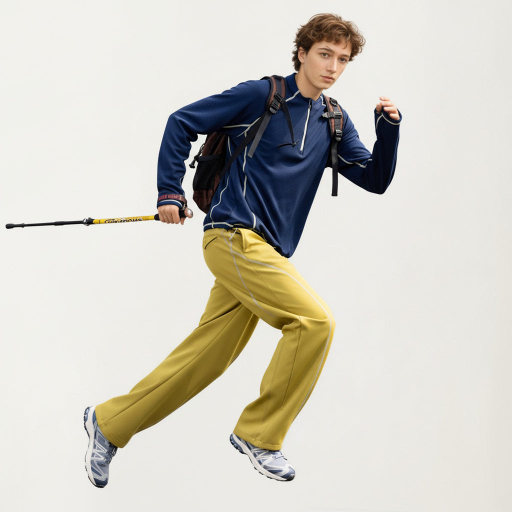 Anna-Kaci Active Men's Long Sleeve Half Zip Pullover Top with Textured Knit Fabric and Contrast Seam Detailing