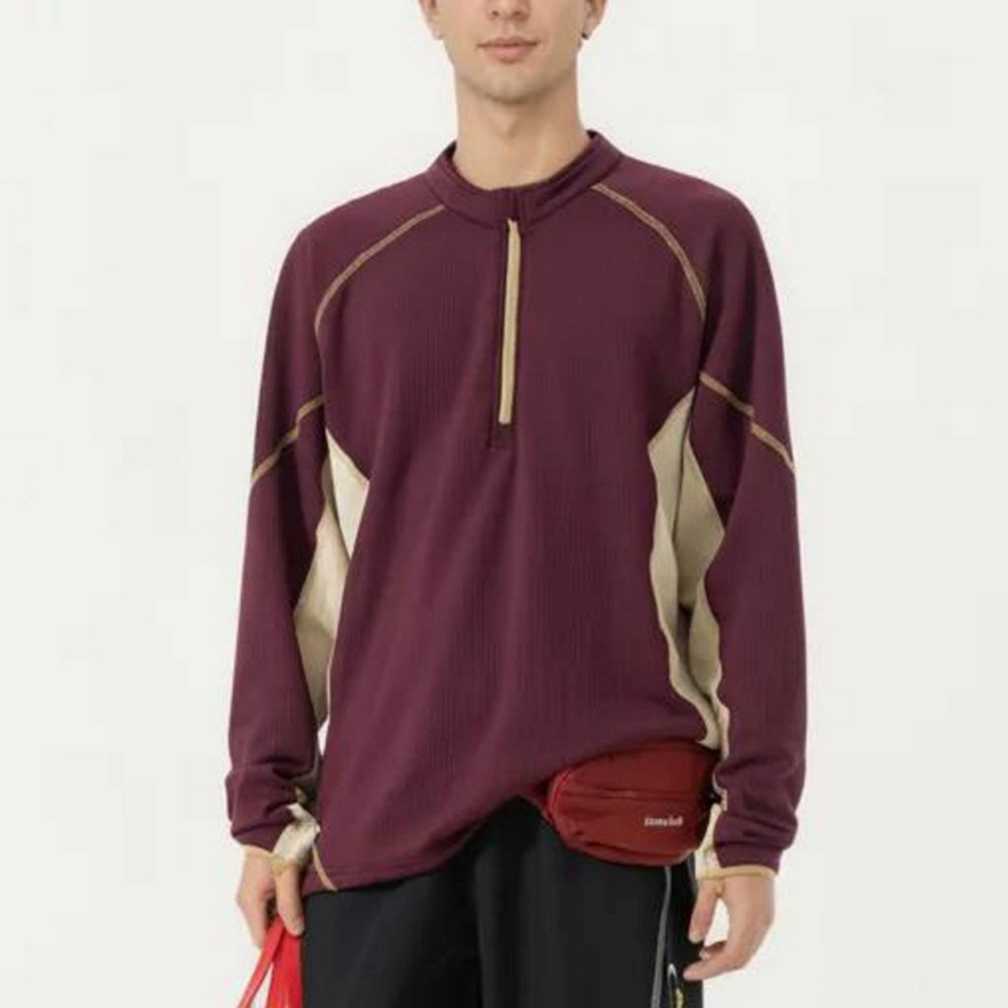Anna-Kaci Active Men's Long Sleeve Half Zip Pullover Top with Textured Knit Fabric and Contrast Panel Detailing