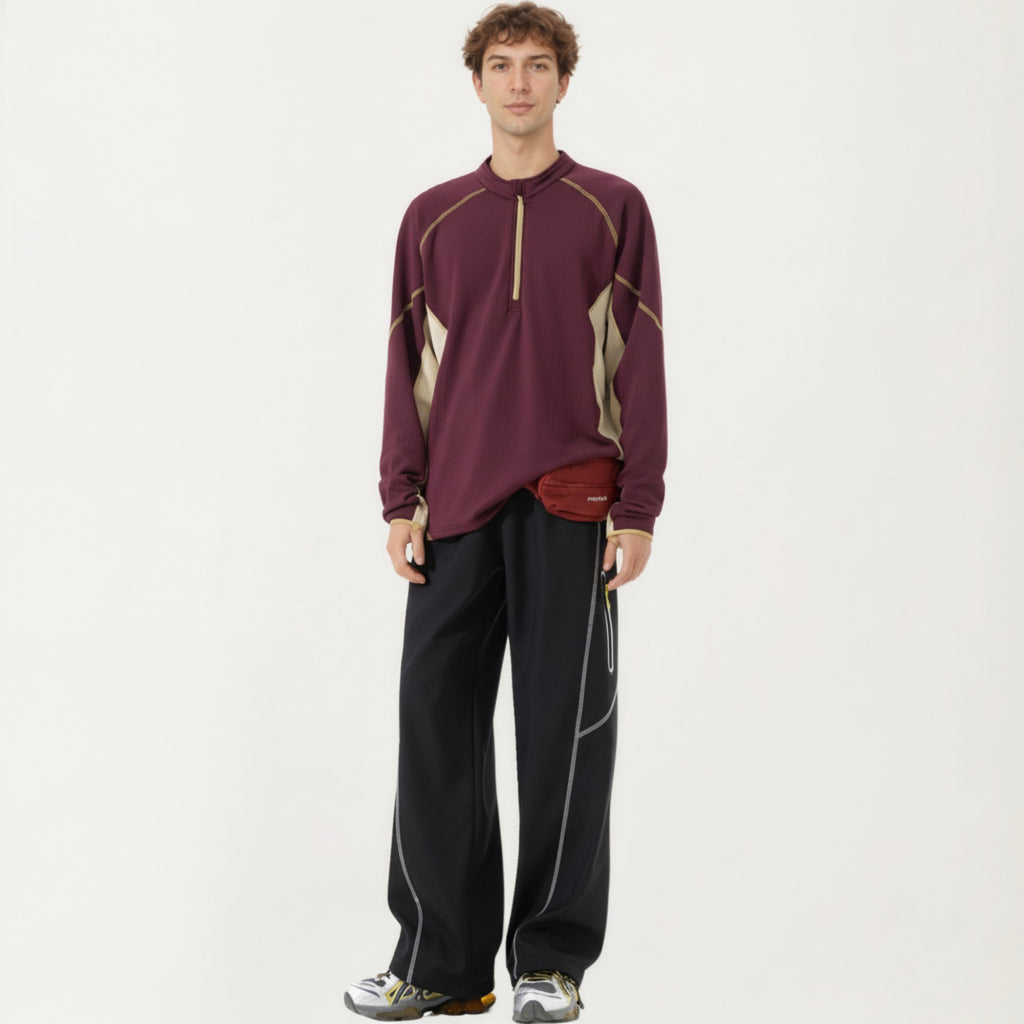Anna-Kaci Active Men's Long Sleeve Half Zip Pullover Top with Textured Knit Fabric and Contrast Panel Detailing