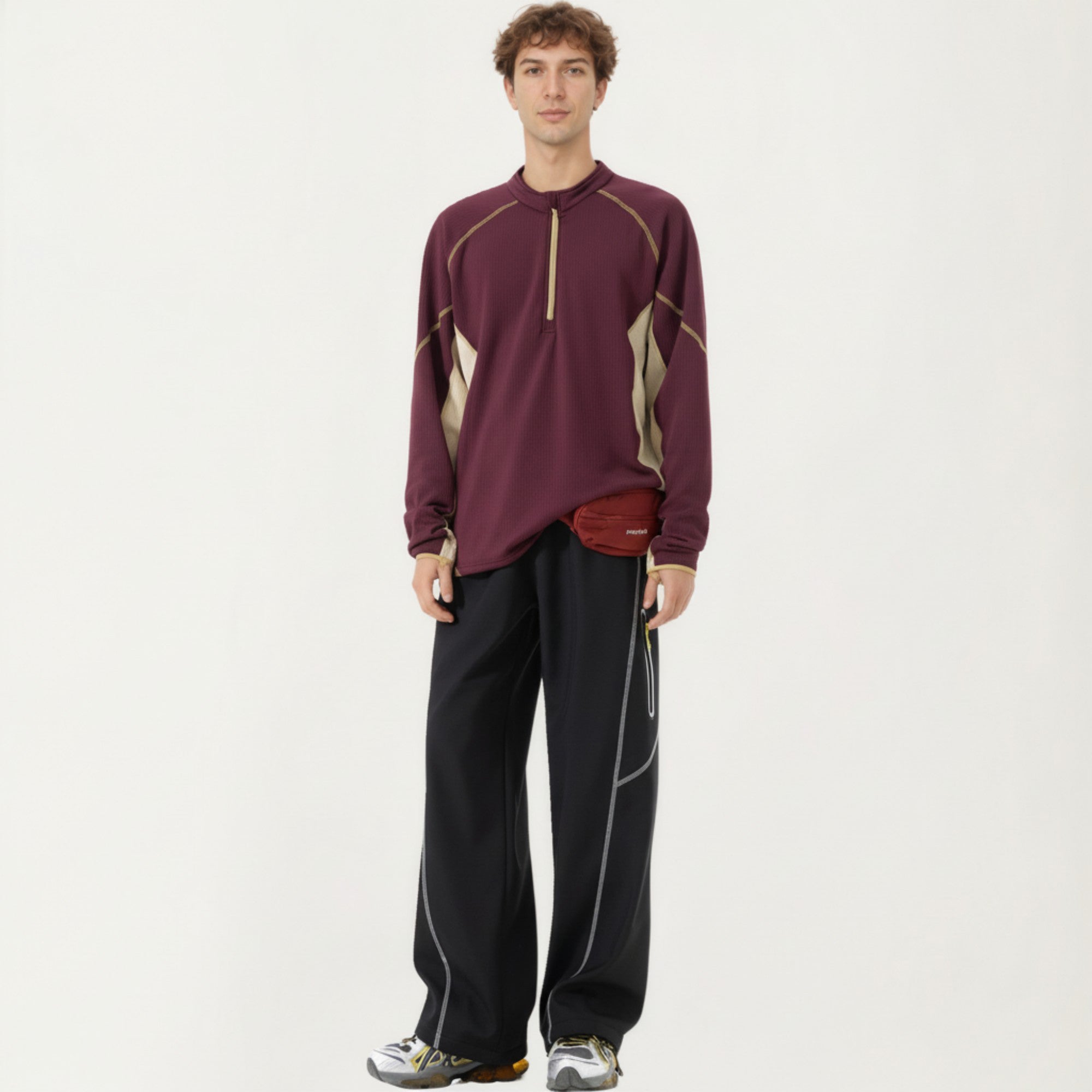 Anna-Kaci Active Men's Long Sleeve Half Zip Pullover Top with Textured Knit Fabric and Contrast Panel Detailing