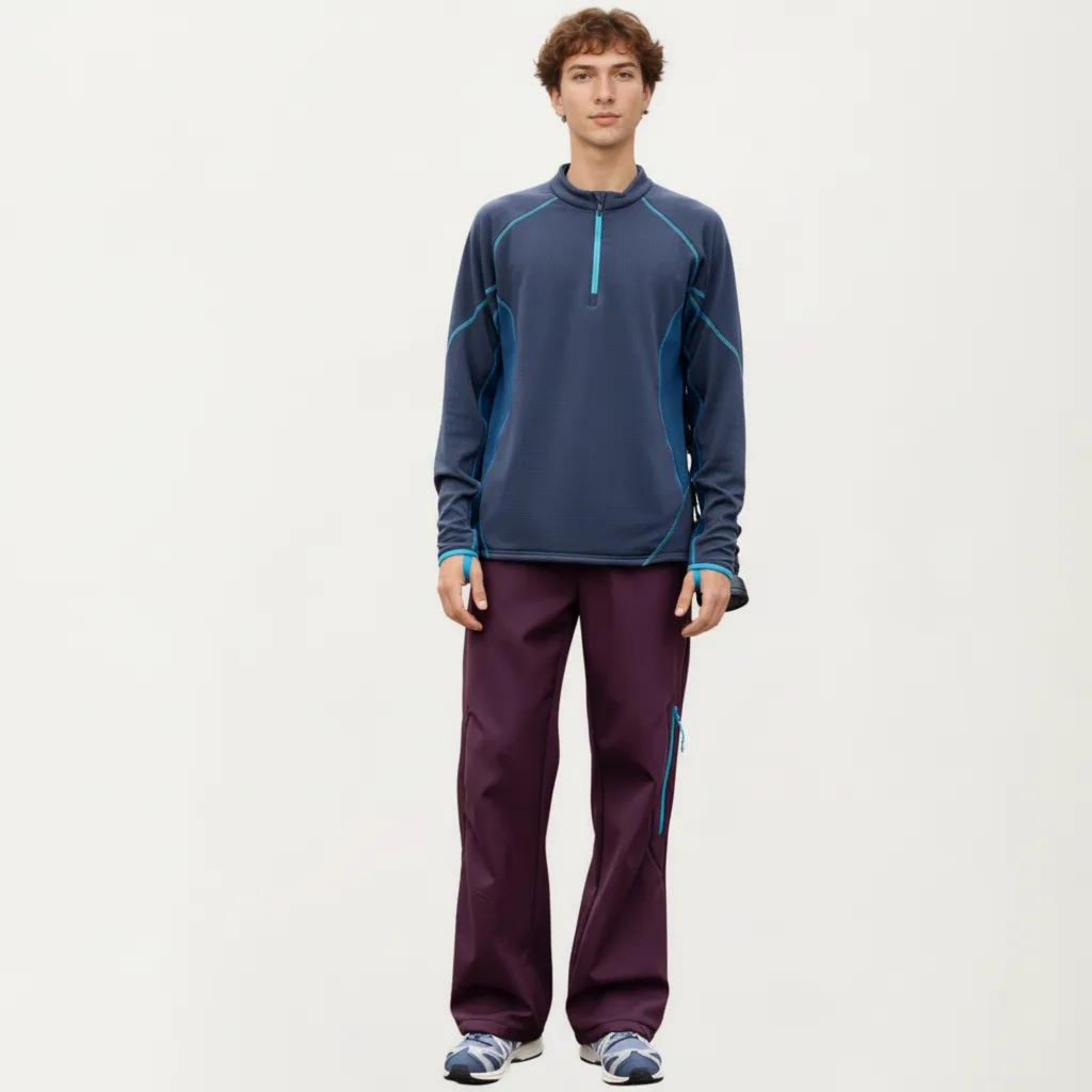 Anna-Kaci Active Men's Long Sleeve Half Zip Pullover Top with Textured Knit Fabric and Contrast Panel Detailing