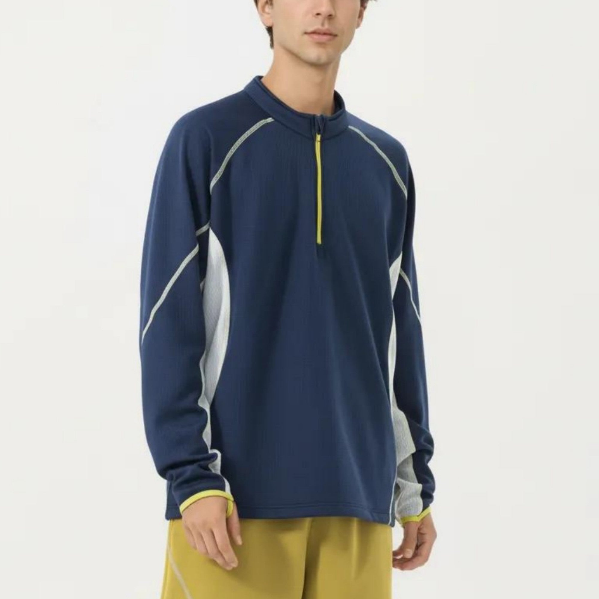 Anna-Kaci Active Men's Long Sleeve Half Zip Pullover Top with Textured Knit Fabric and Contrast Panel Detailing