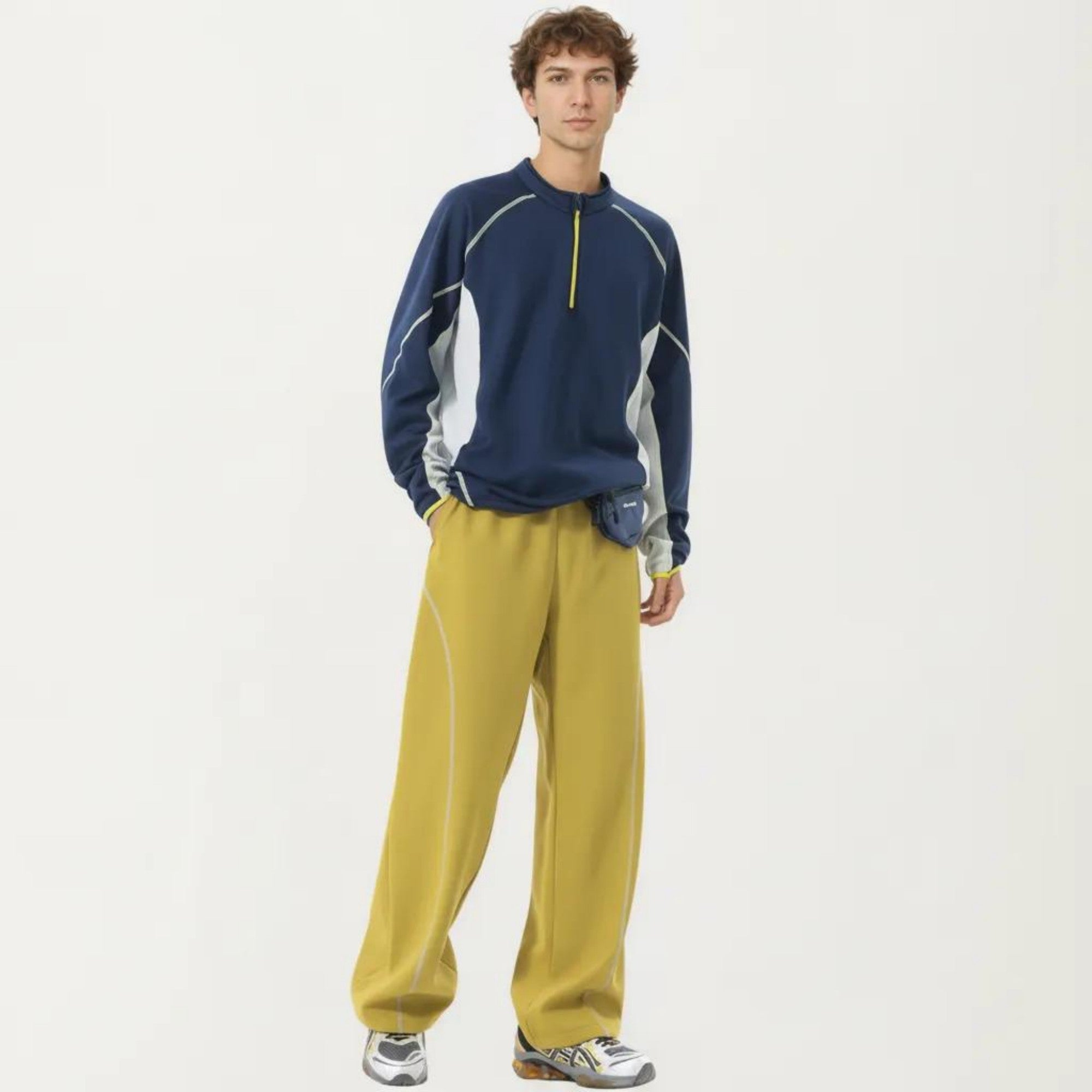 Anna-Kaci Active Men's Long Sleeve Half Zip Pullover Top with Textured Knit Fabric and Contrast Panel Detailing