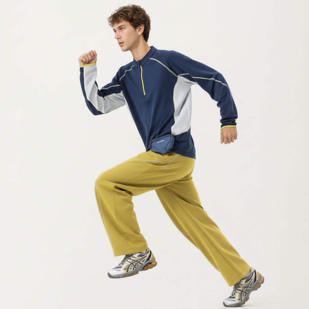 Anna-Kaci Active Men's Long Sleeve Half Zip Pullover Top with Textured Knit Fabric and Contrast Panel Detailing