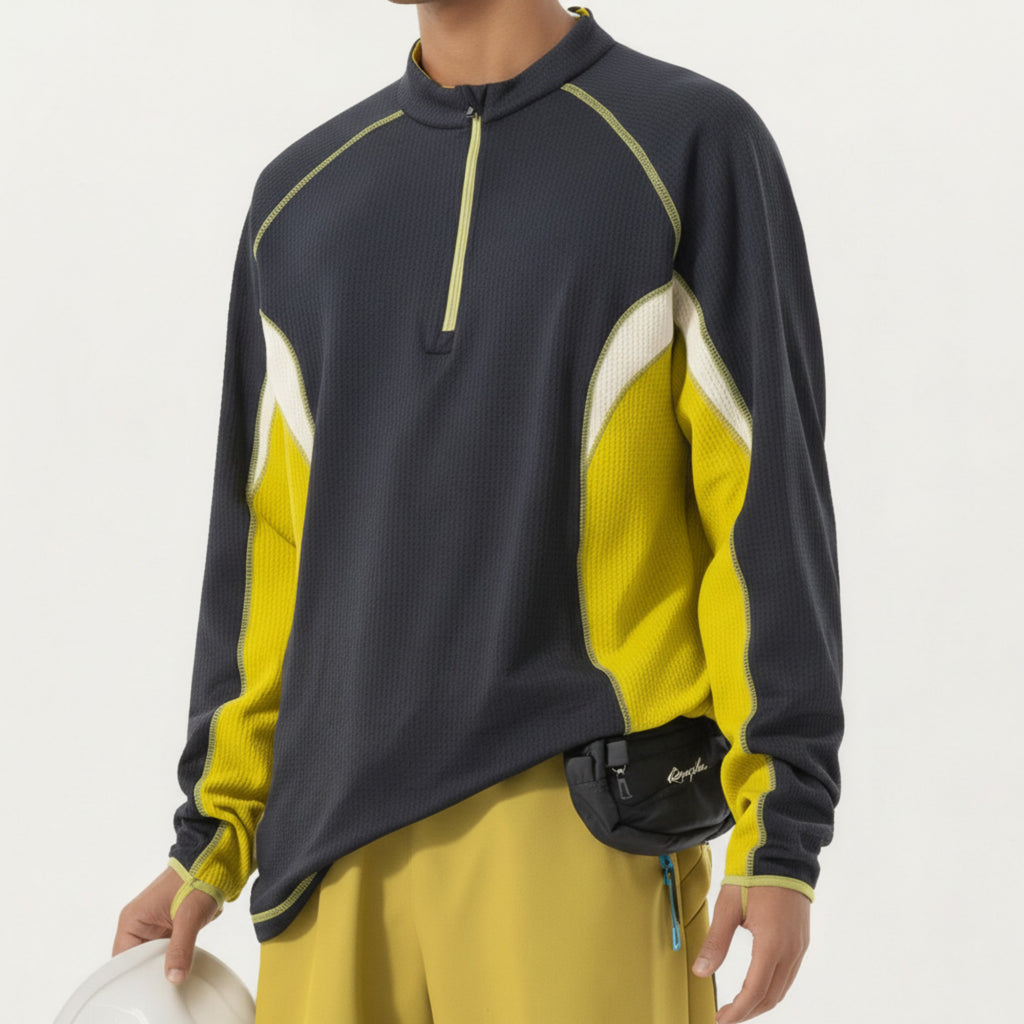 Anna-Kaci Active Men's Long Sleeve Half Zip Pullover Top with Color Block Panels and Contrast Seam Detailing