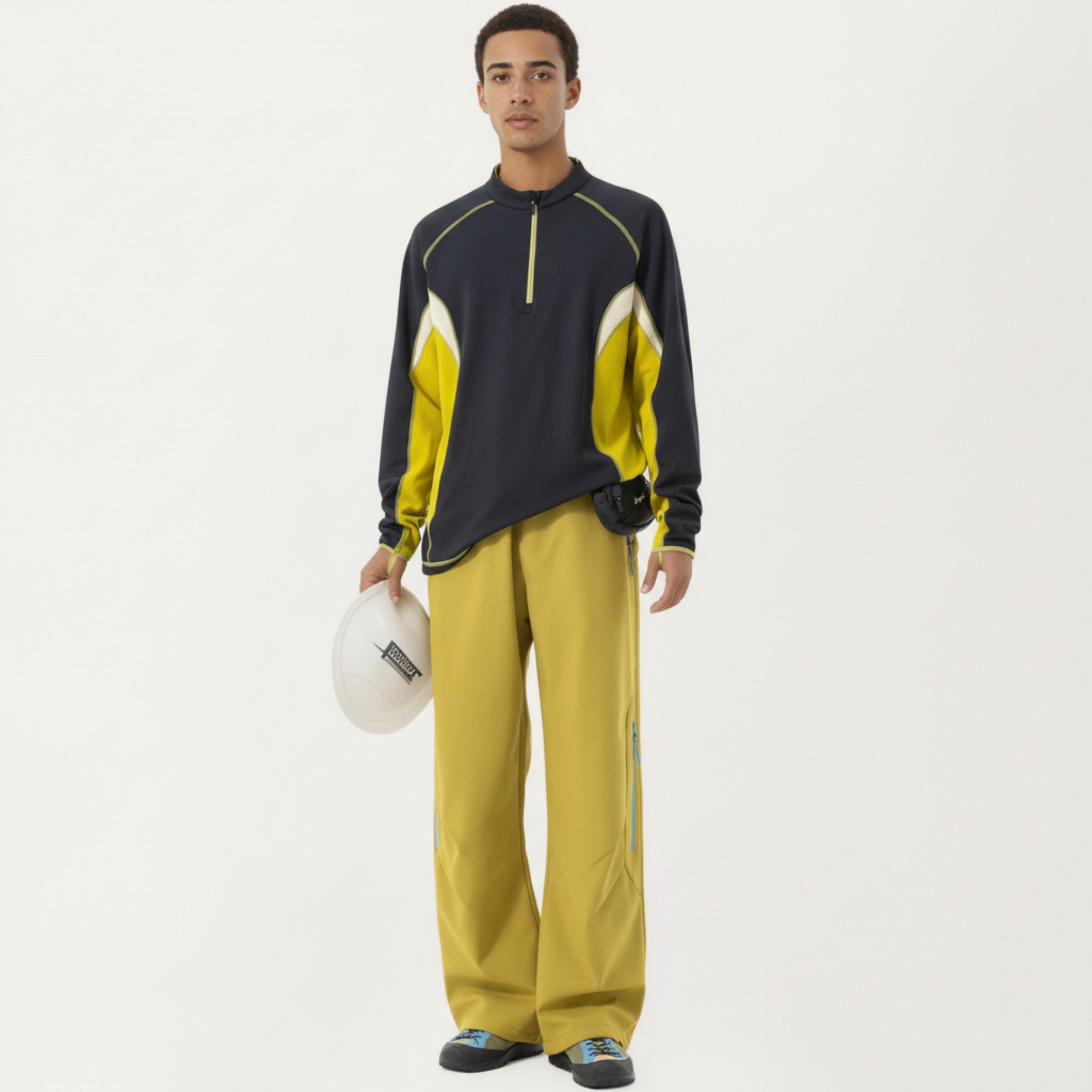 Anna-Kaci Active Men's Long Sleeve Half Zip Pullover Top with Color Block Panels and Contrast Seam Detailing