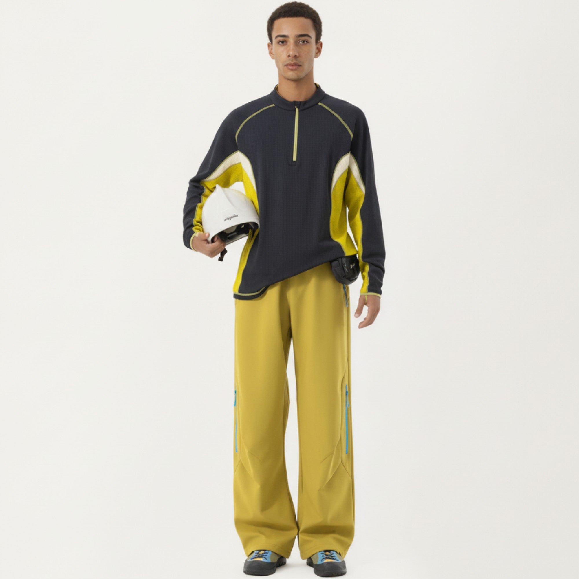 Anna-Kaci Active Men's Long Sleeve Half Zip Pullover Top with Color Block Panels and Contrast Seam Detailing