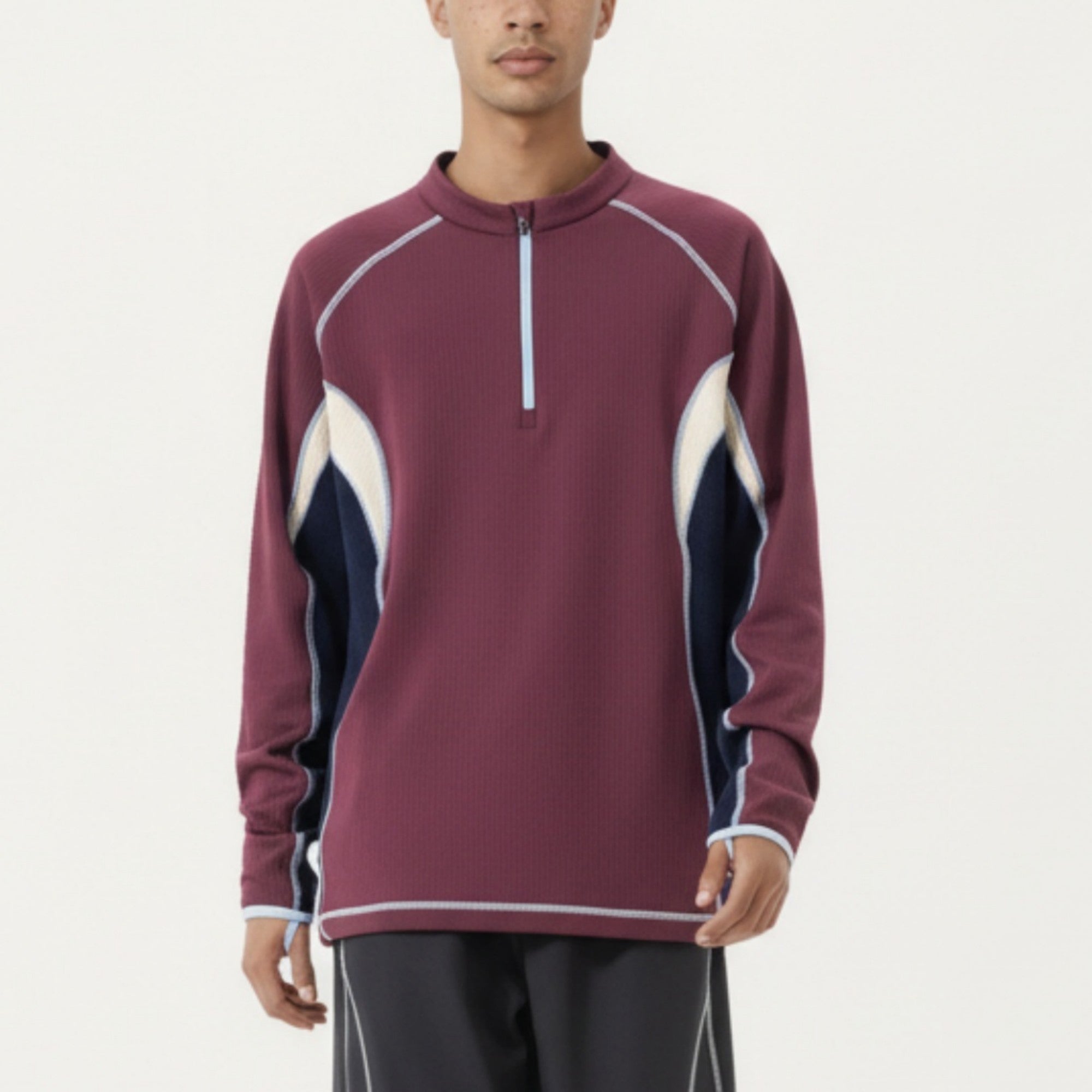 Anna-Kaci Active Men's Long Sleeve Half Zip Pullover Top with Color Block Panels and Contrast Seam Detailing