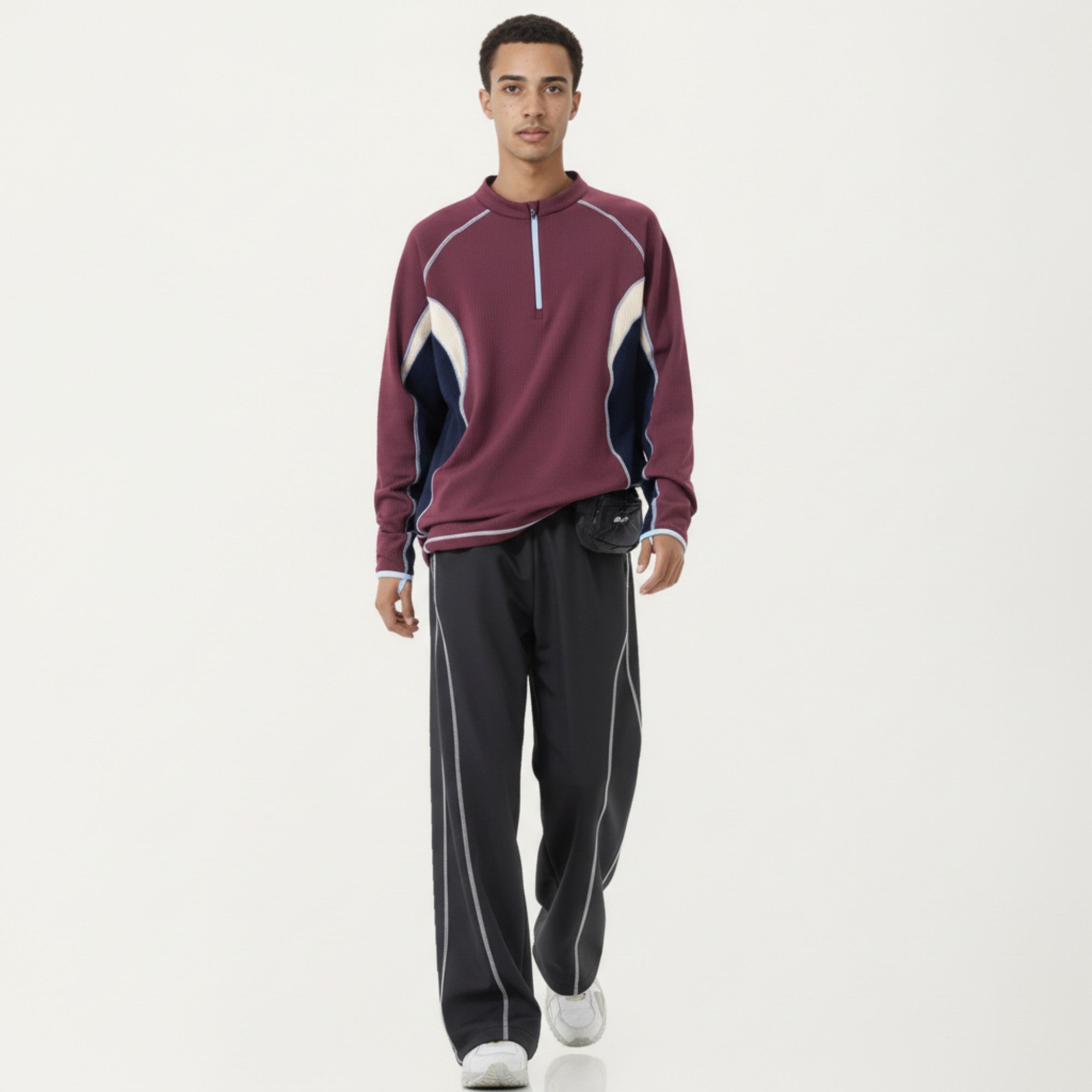 Anna-Kaci Active Men's Long Sleeve Half Zip Pullover Top with Color Block Panels and Contrast Seam Detailing