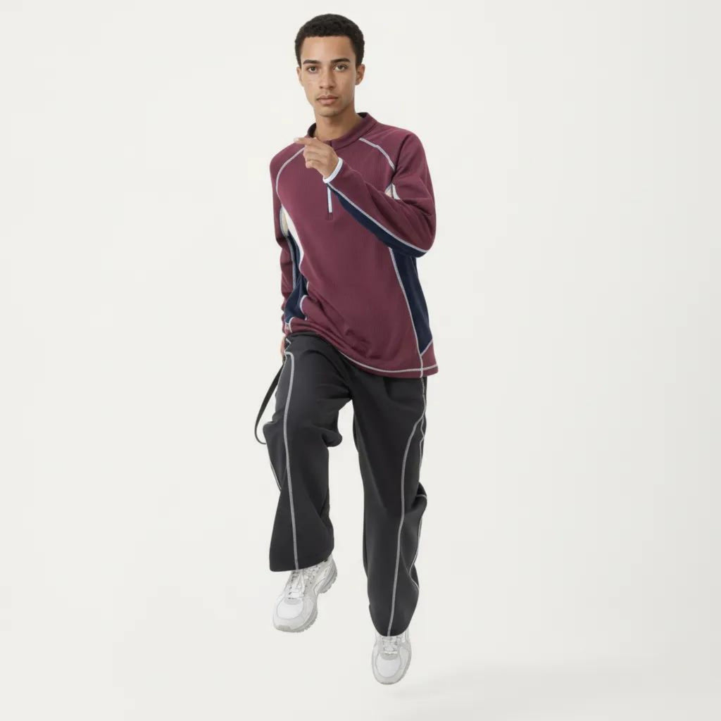 Anna-Kaci Active Men's Long Sleeve Half Zip Pullover Top with Color Block Panels and Contrast Seam Detailing