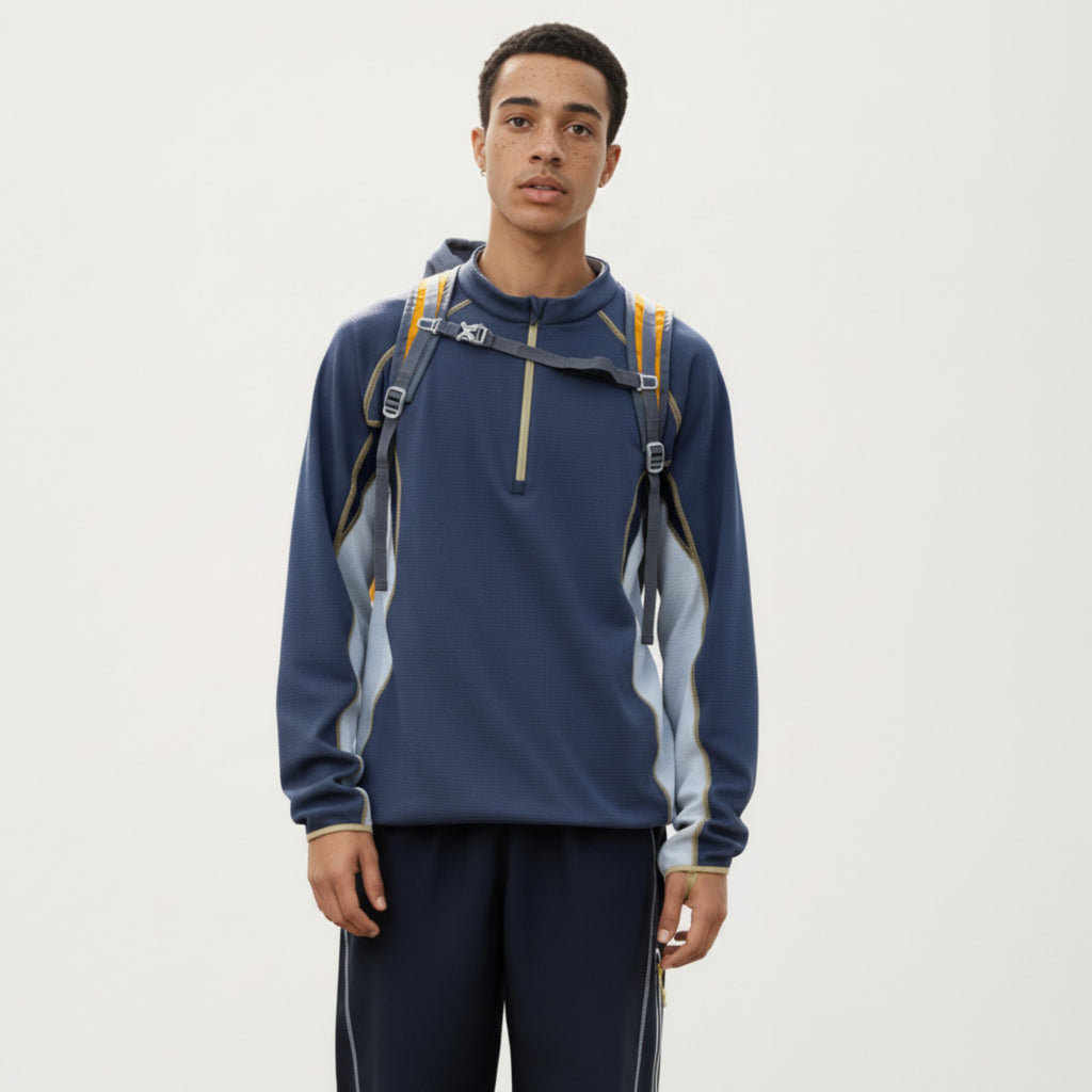 Anna-Kaci Active Men's Long Sleeve Half Zip Pullover Top with Color Block Panels and Contrast Seam Detailing