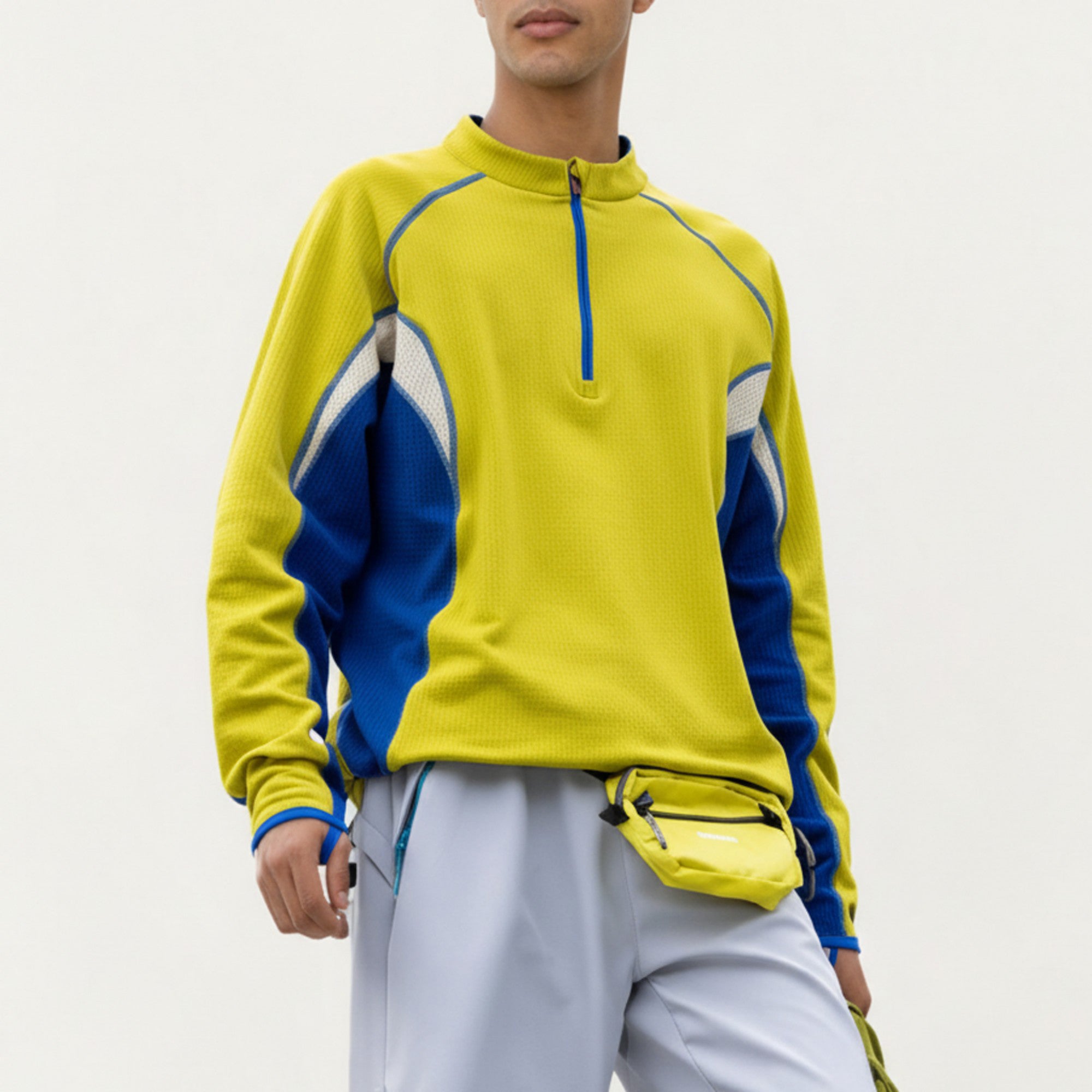 Anna-Kaci Active Men's Long Sleeve Half Zip Pullover Top with Color Block Panels and Contrast Seam Detailing