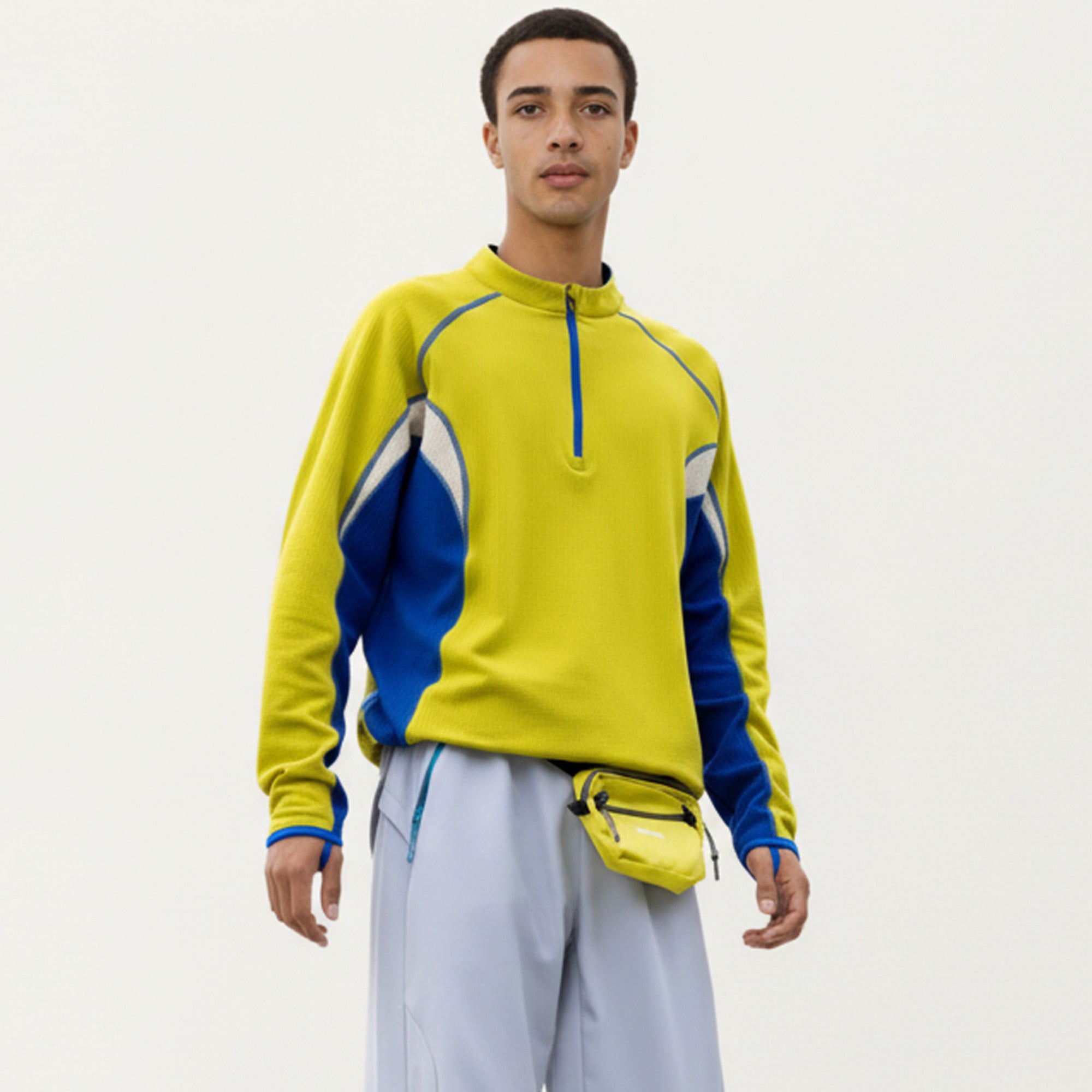 Anna-Kaci Active Men's Long Sleeve Half Zip Pullover Top with Color Block Panels and Contrast Seam Detailing