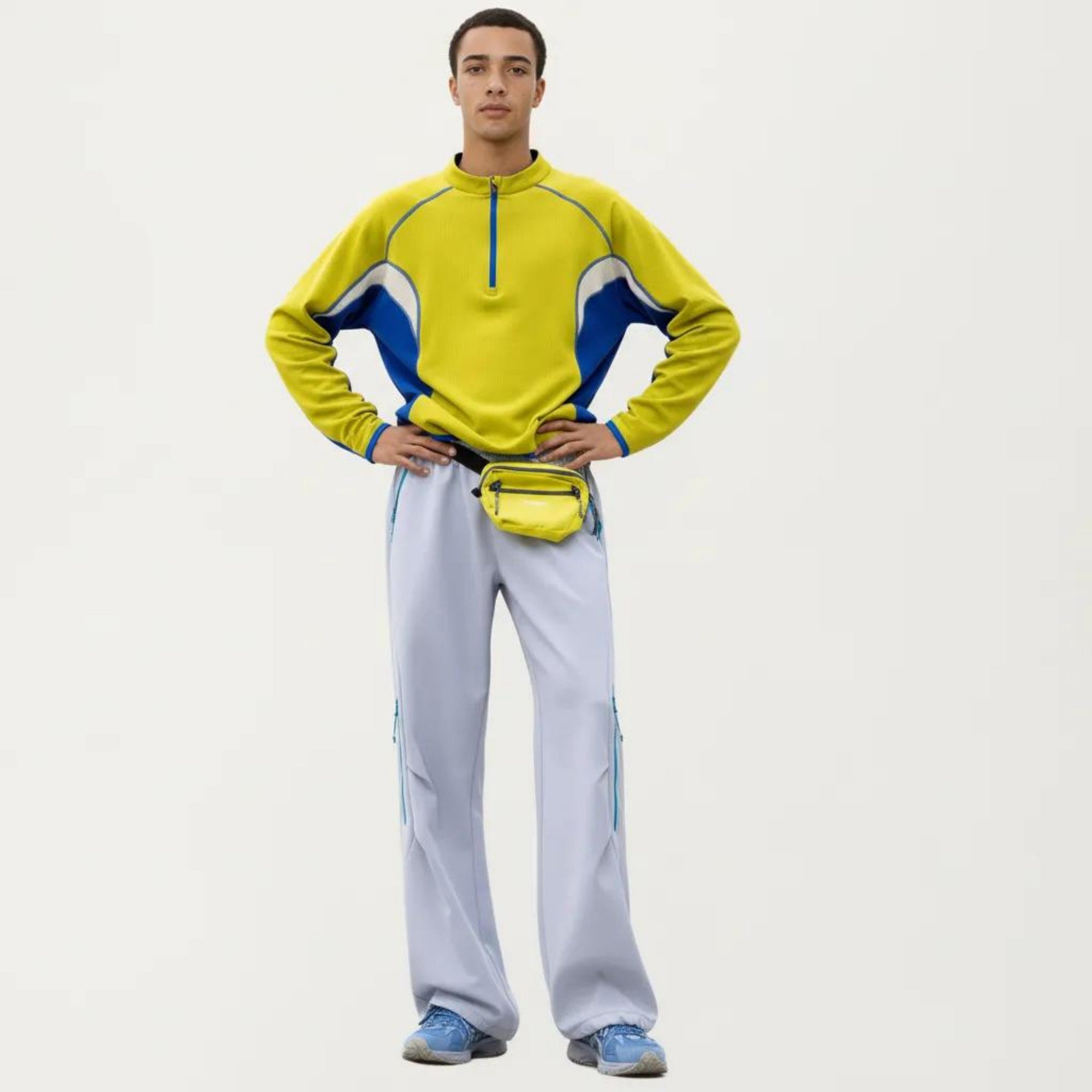 Anna-Kaci Active Men's Long Sleeve Half Zip Pullover Top with Color Block Panels and Contrast Seam Detailing