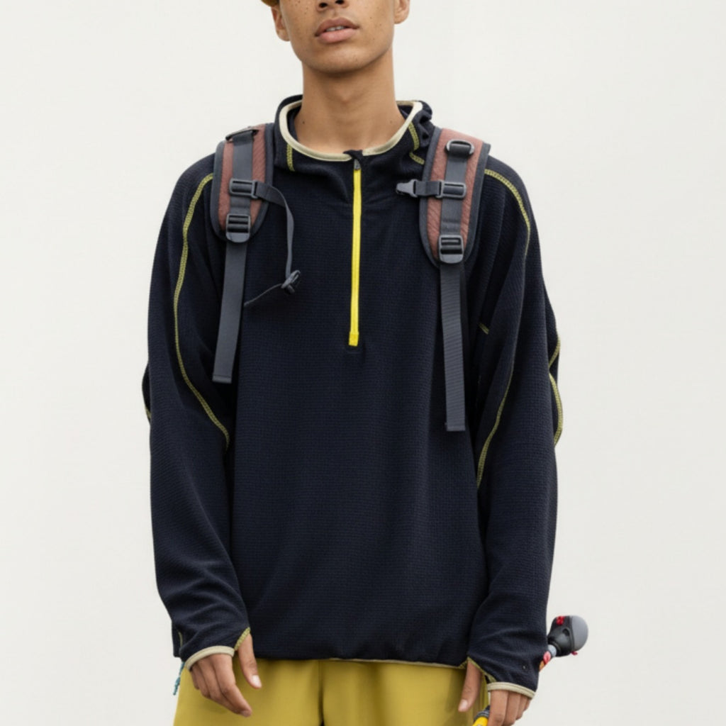Anna-Kaci Active Men's Hooded Long Sleeve Pullover Top with Half Zip Front and Contrast Seam Detailing
