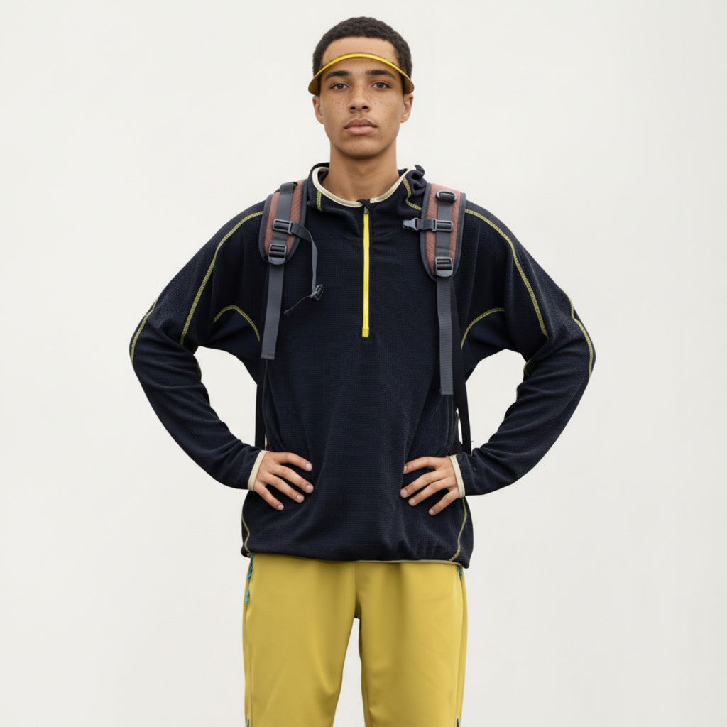 Anna-Kaci Active Men's Hooded Long Sleeve Pullover Top with Half Zip Front and Contrast Seam Detailing