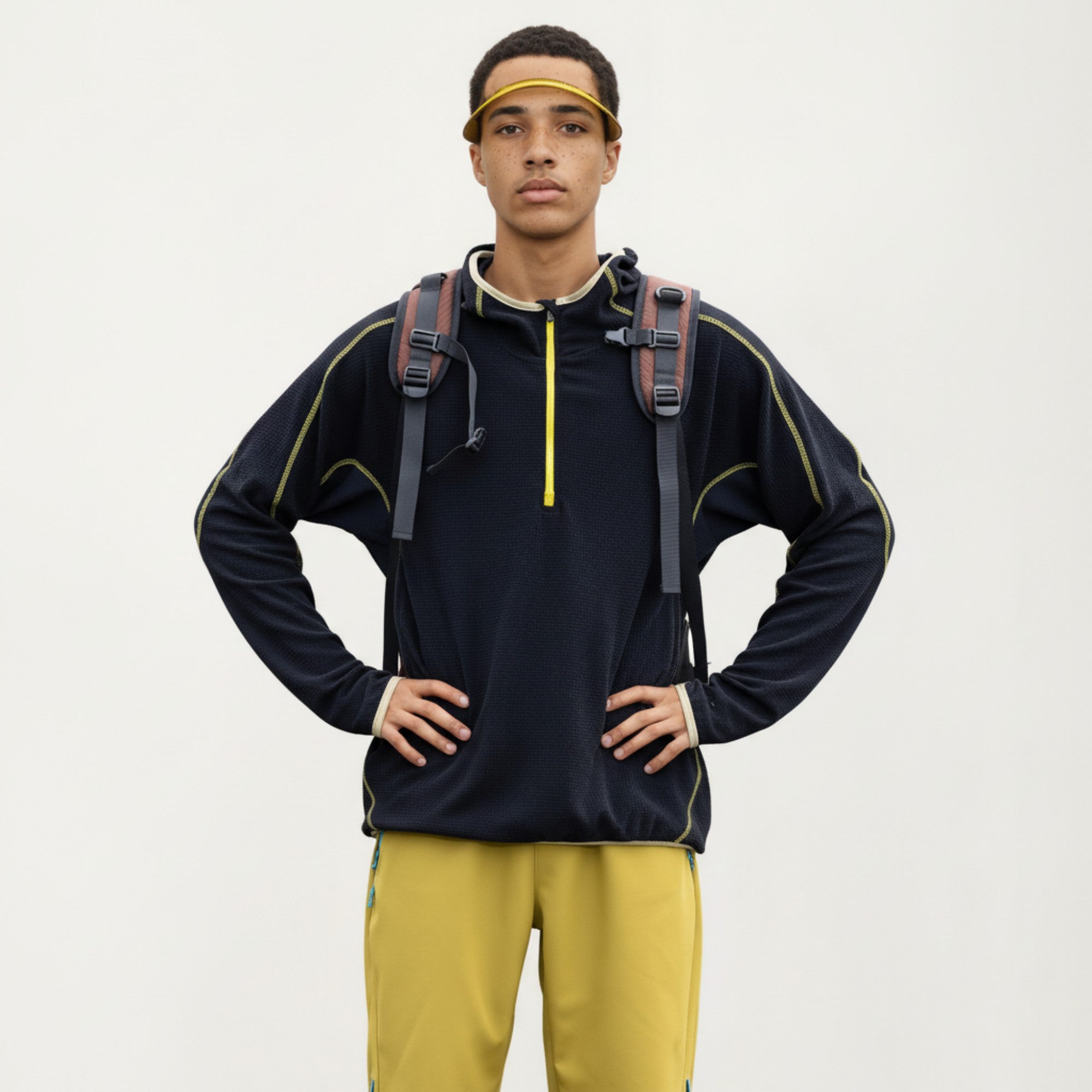 Anna-Kaci Active Men's Hooded Long Sleeve Pullover Top with Half Zip Front and Contrast Seam Detailing
