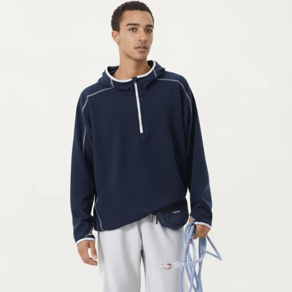 Anna-Kaci Active Men's Hooded Long Sleeve Pullover Top with Half Zip Front and Contrast Seam Detailing