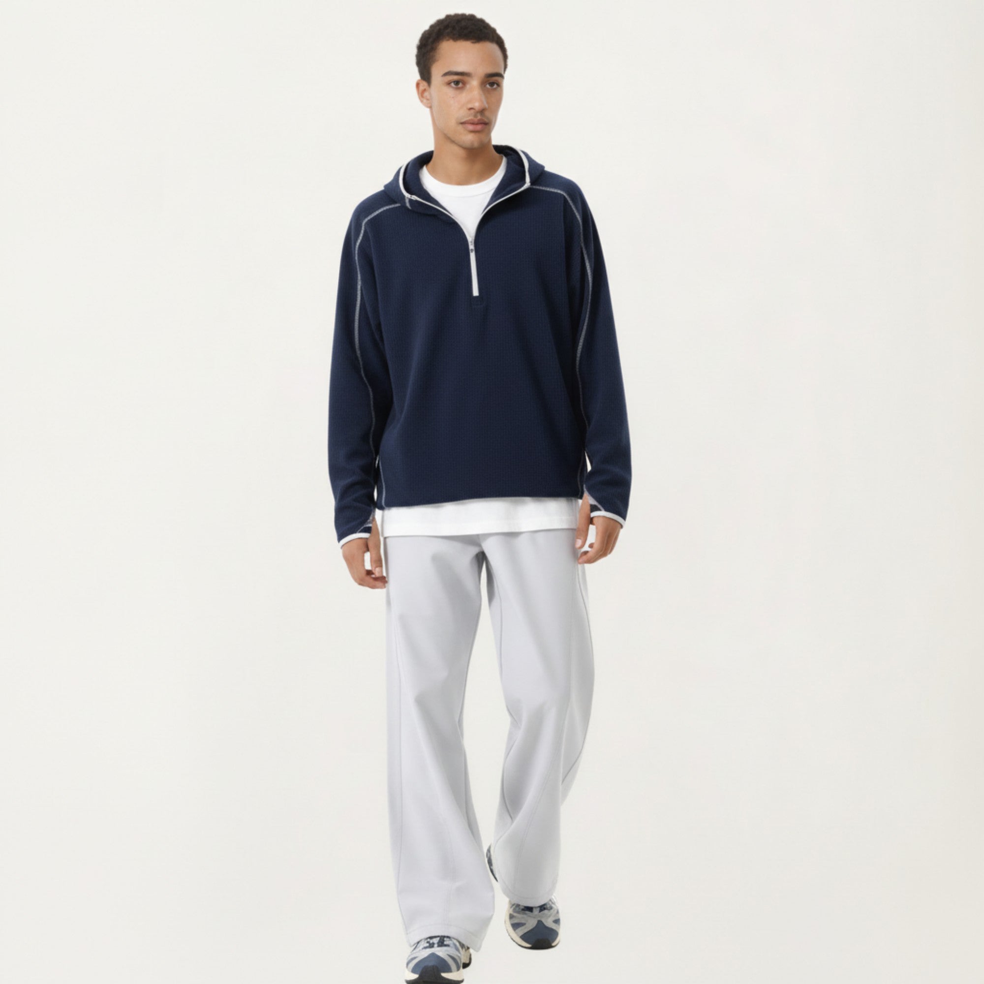 Anna-Kaci Active Men's Hooded Long Sleeve Pullover Top with Half Zip Front and Contrast Seam Detailing