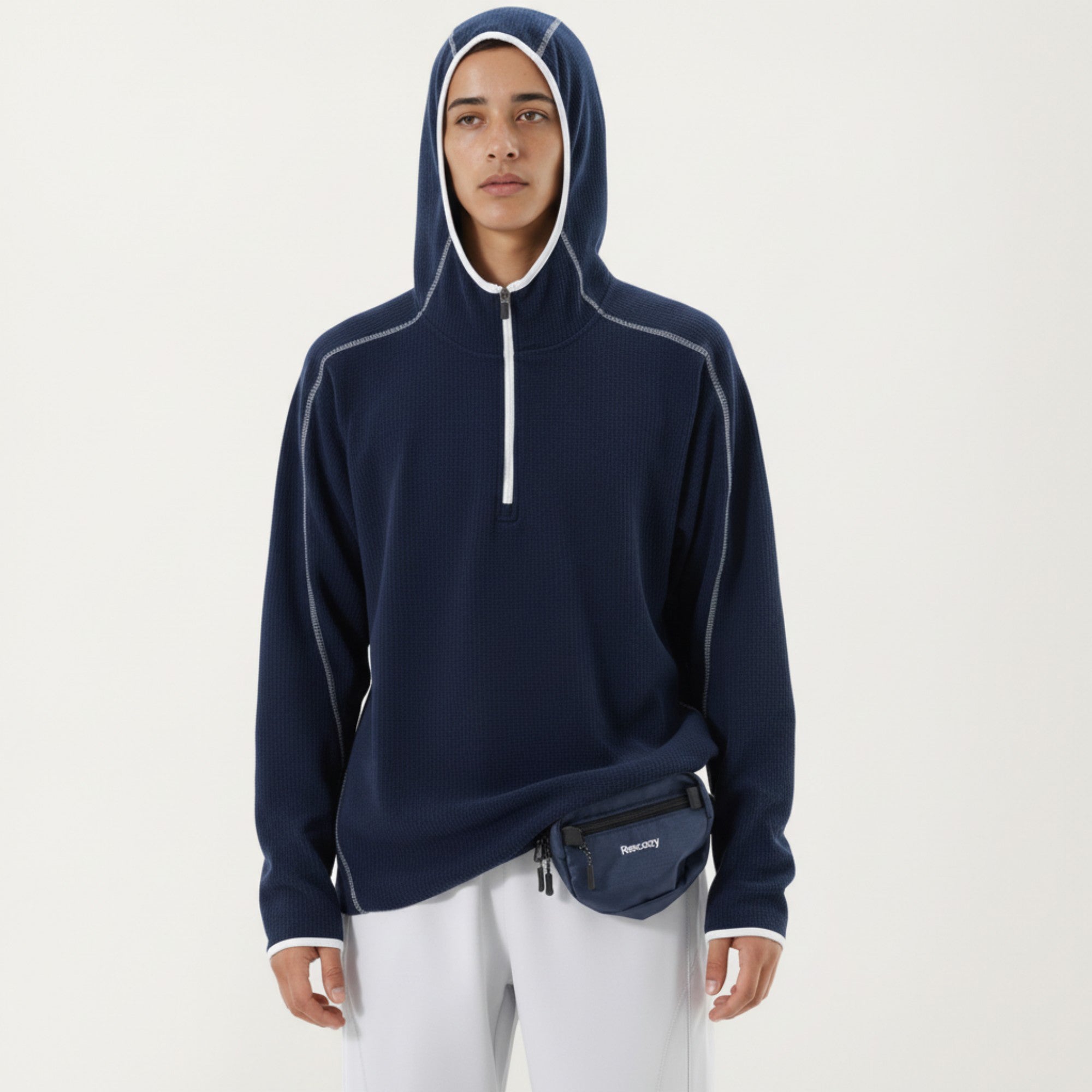Anna-Kaci Active Men's Hooded Long Sleeve Pullover Top with Half Zip Front and Contrast Seam Detailing