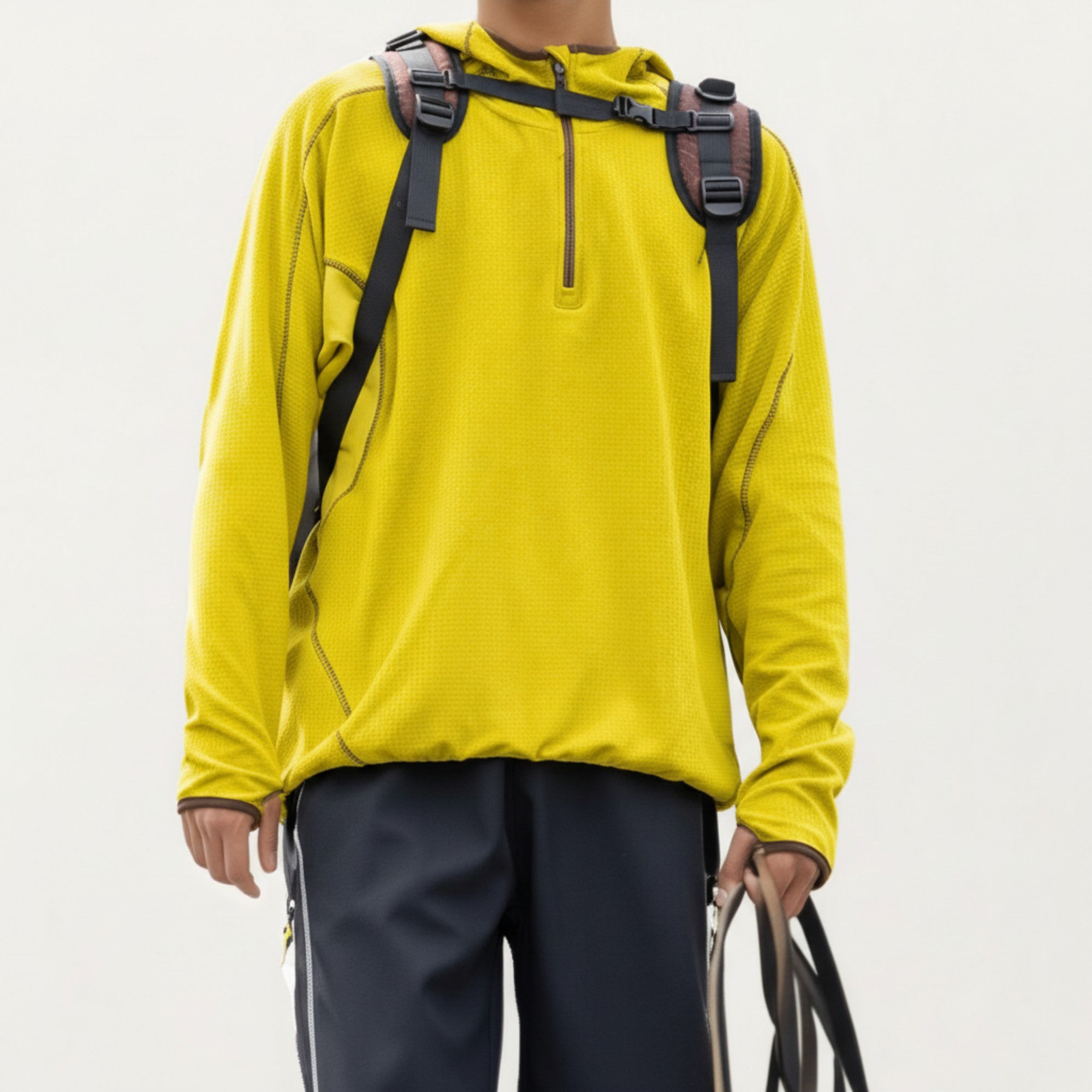 Anna-Kaci Active Men's Hooded Long Sleeve Pullover Top with Half Zip Front and Contrast Seam Detailing