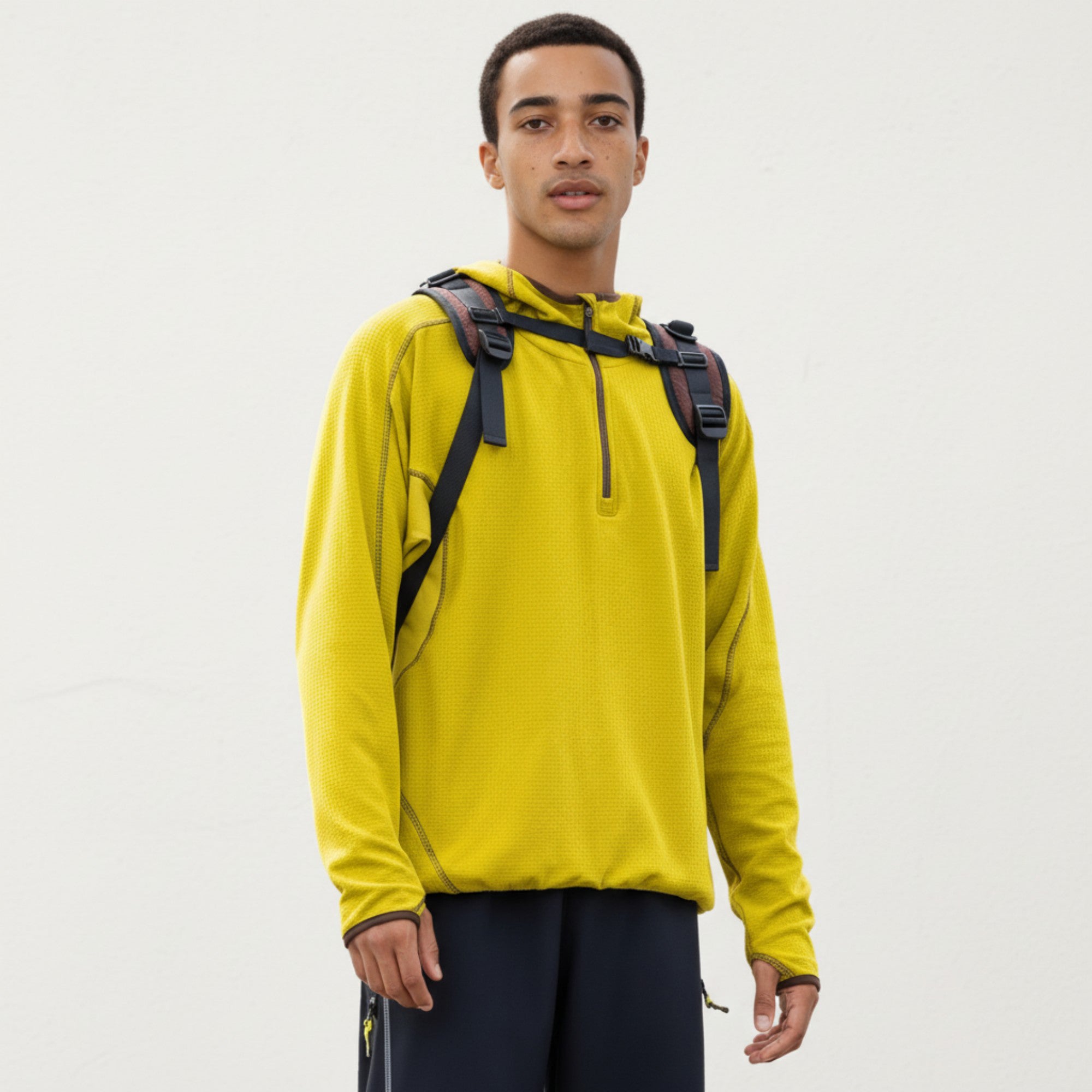 Anna-Kaci Active Men's Hooded Long Sleeve Pullover Top with Half Zip Front and Contrast Seam Detailing